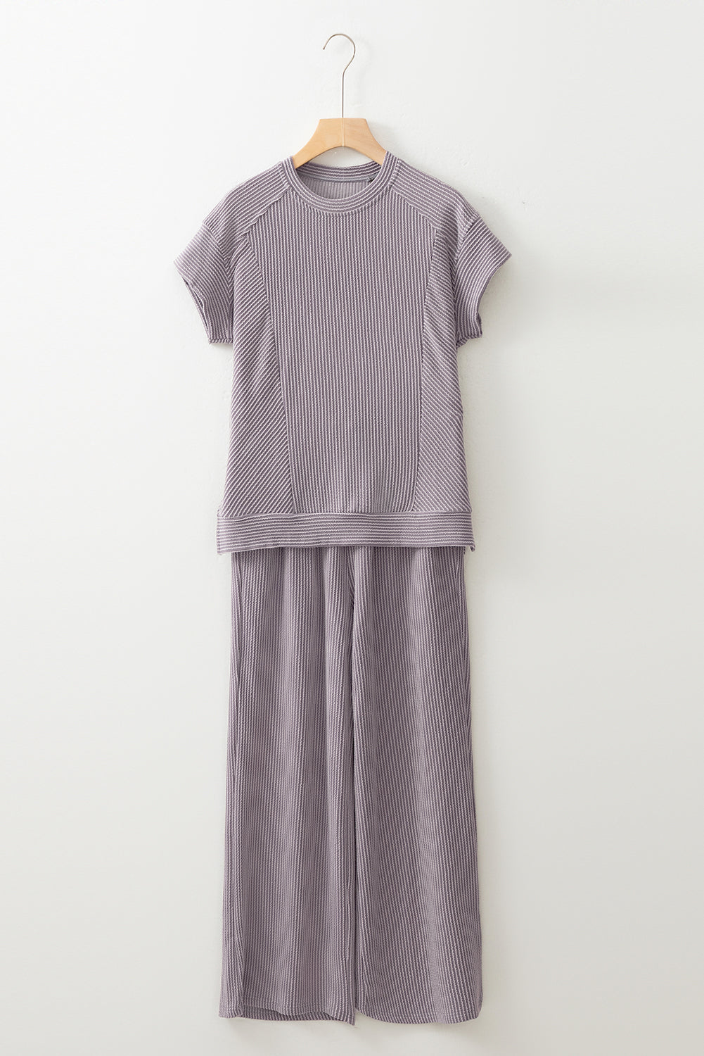 Blue Zone Planet | Wild Wind Solid Corded Knit Short Sleeve T Shirt And Wide Leg Pants Set-Two Piece Sets/Pant Sets-[Adult]-[Female]-2022 Online Blue Zone Planet