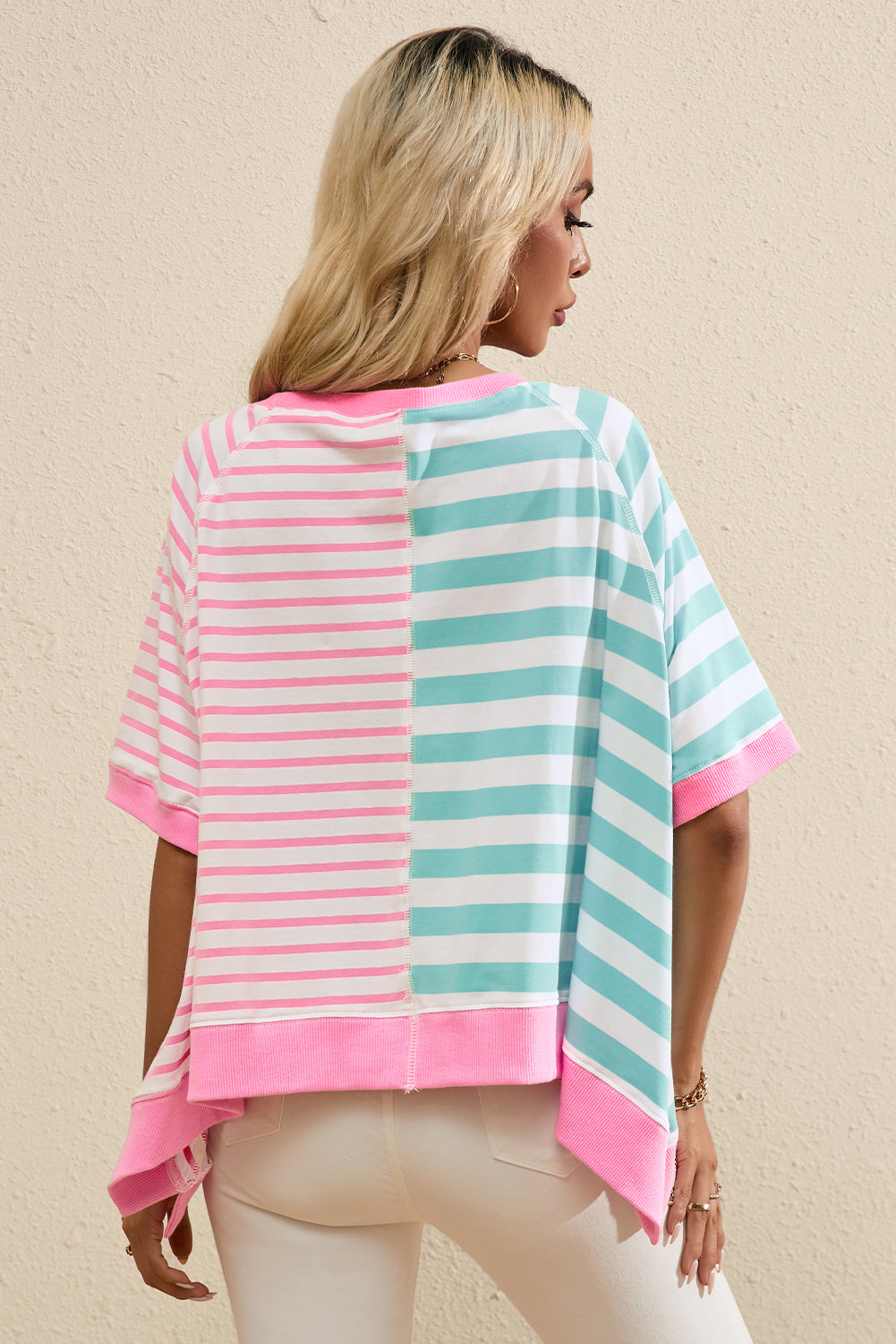 Pink Stripe Contrast Patchwork Oversized T Shirt-Tops/Tops & Tees-[Adult]-[Female]-2022 Online Blue Zone Planet