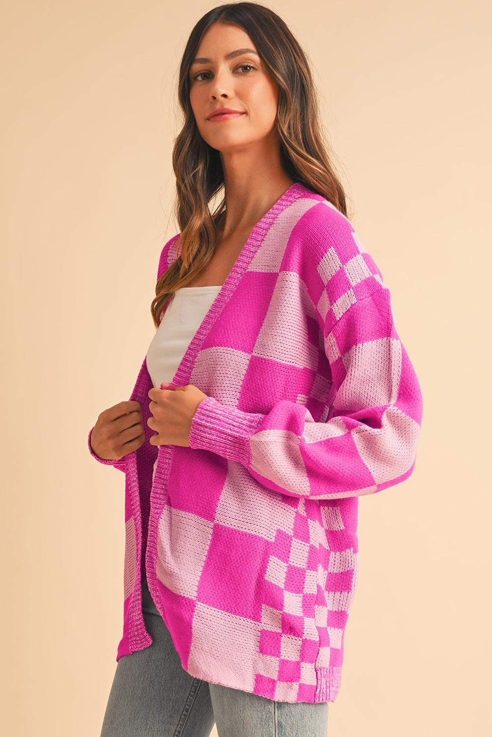 Blue Zone Planet | Rose Red Checkered Printed Ribbed Trim Open Front Cardigan-Cardigans-[Adult]-[Female]-2022 Online Blue Zone Planet