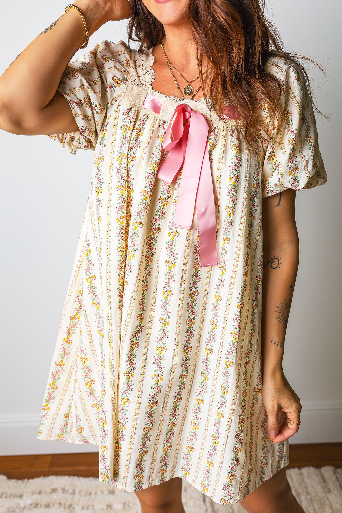 Multicolour Floral Print Contrast Ribbon Bow Lace Trim Square Neck Mini Dress-Dresses/Floral Dresses-[Adult]-[Female]-2022 Online Blue Zone Planet