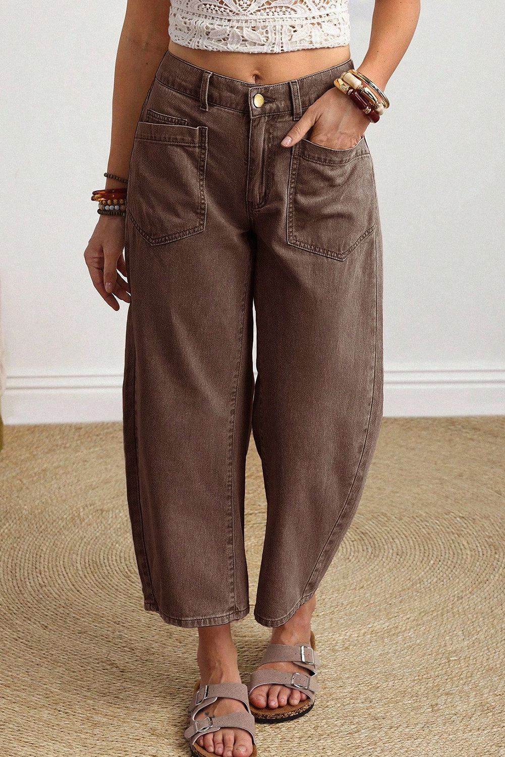 Coffee Solid Color Square Patch Pocket Ankle-length Barrel Jeans-Bottoms/Jeans-[Adult]-[Female]-2022 Online Blue Zone Planet