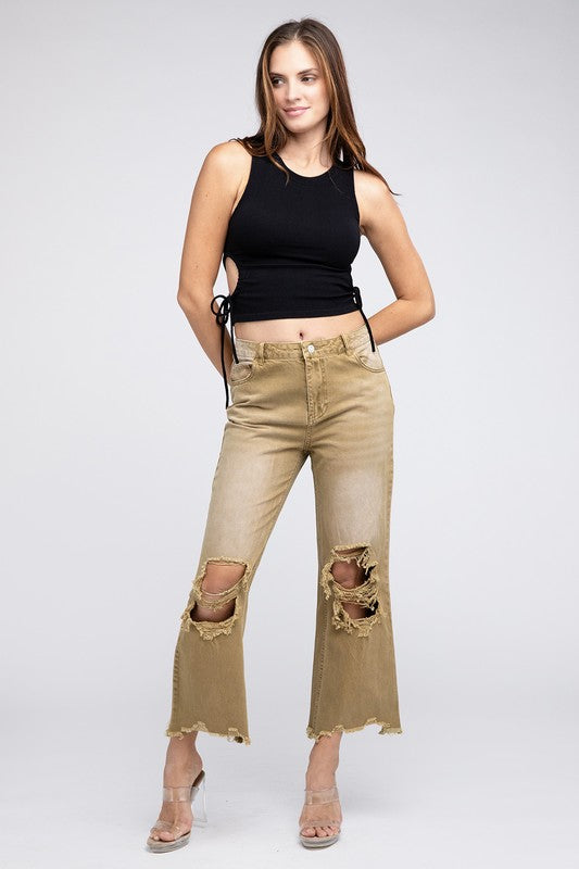 Distressed Vintage Washed Wide Leg Pants-[Adult]-[Female]-2022 Online Blue Zone Planet