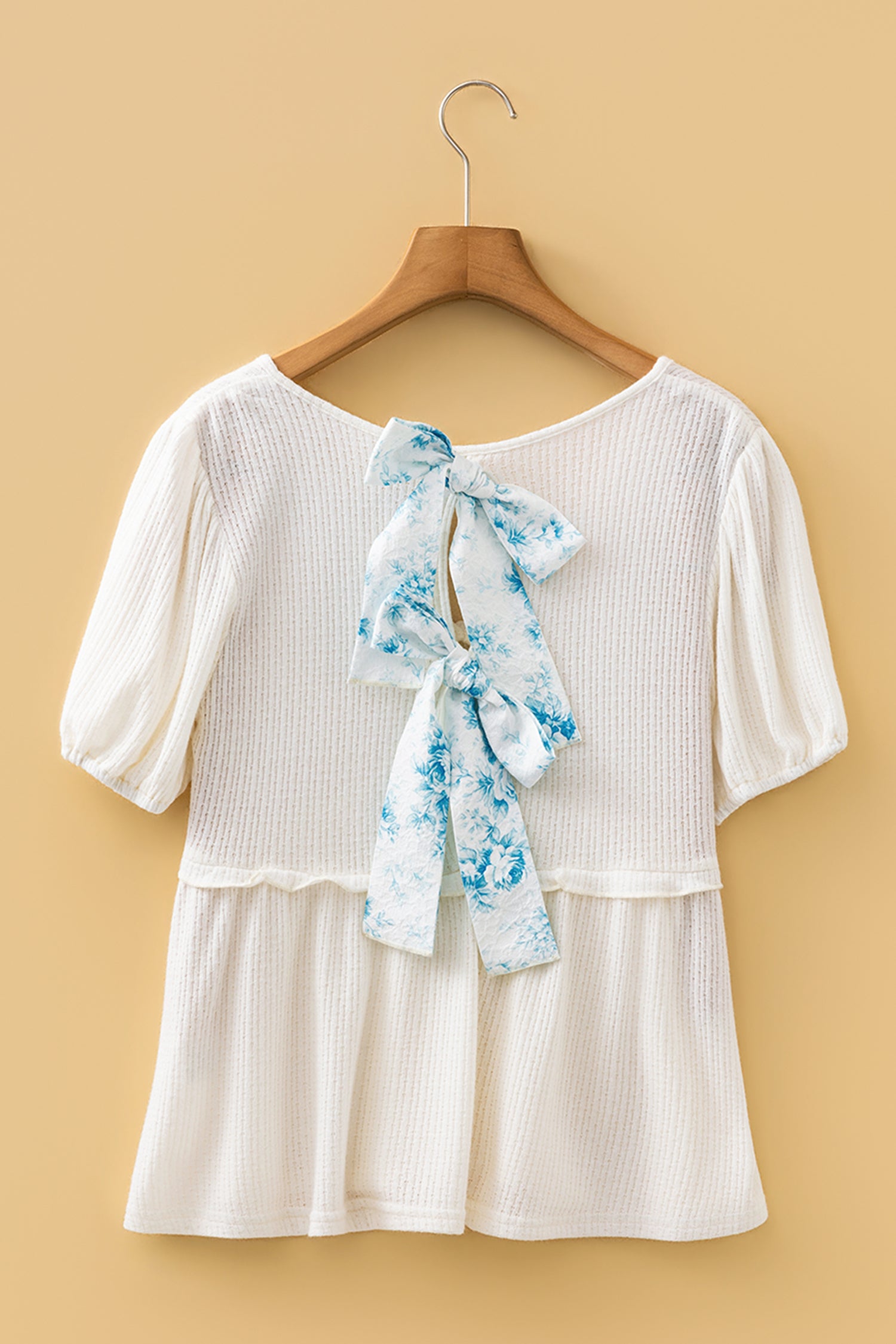 White Textured Knit V Neck Short Bubble Sleeve Peplum Top-Tops/Blouses & Shirts-[Adult]-[Female]-2022 Online Blue Zone Planet