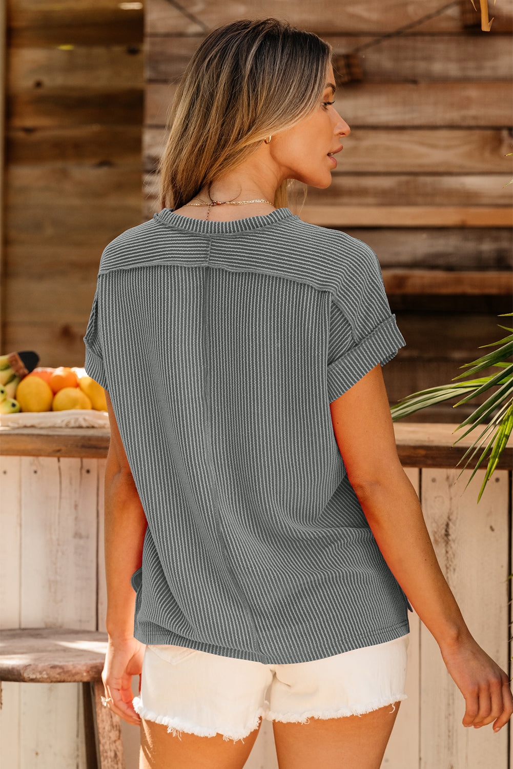 Black Textured Knit Exposed Stitching T-Shirt-Tops/Tops & Tees-[Adult]-[Female]-2022 Online Blue Zone Planet