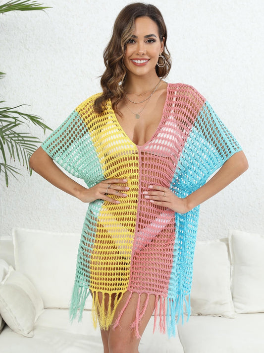 Blue Zone Planet | Fringe Color Block Scoop Neck Cover Up-TOPS / DRESSES-[Adult]-[Female]-Dusty Pink-One Size-2022 Online Blue Zone Planet