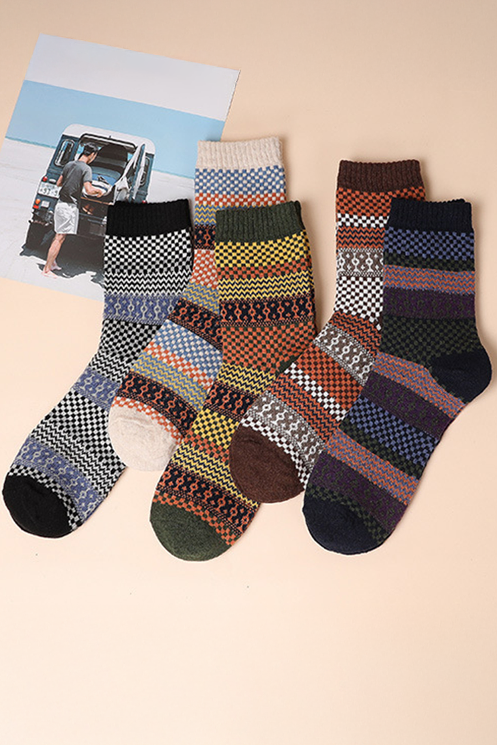 Brown Vintage Jacquard Cotton Crew Socks-Accessories & Jewelry-[Adult]-[Female]-Brown-ONE SIZE-2022 Online Blue Zone Planet