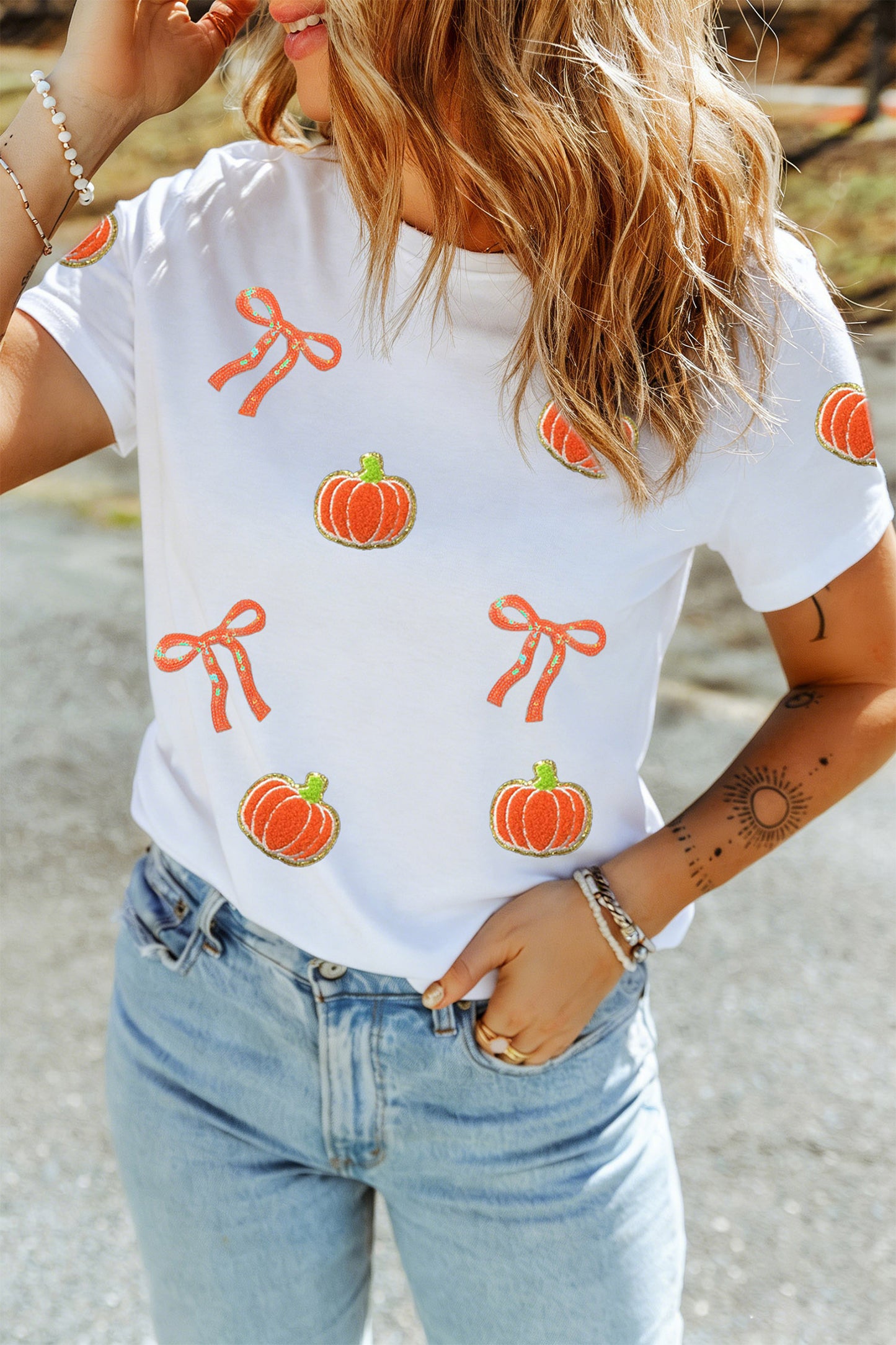 White Sequin Chenille Pumpkin Bow Pattern Casual Short T Shirt-Graphic/Graphic Tees-[Adult]-[Female]-2022 Online Blue Zone Planet