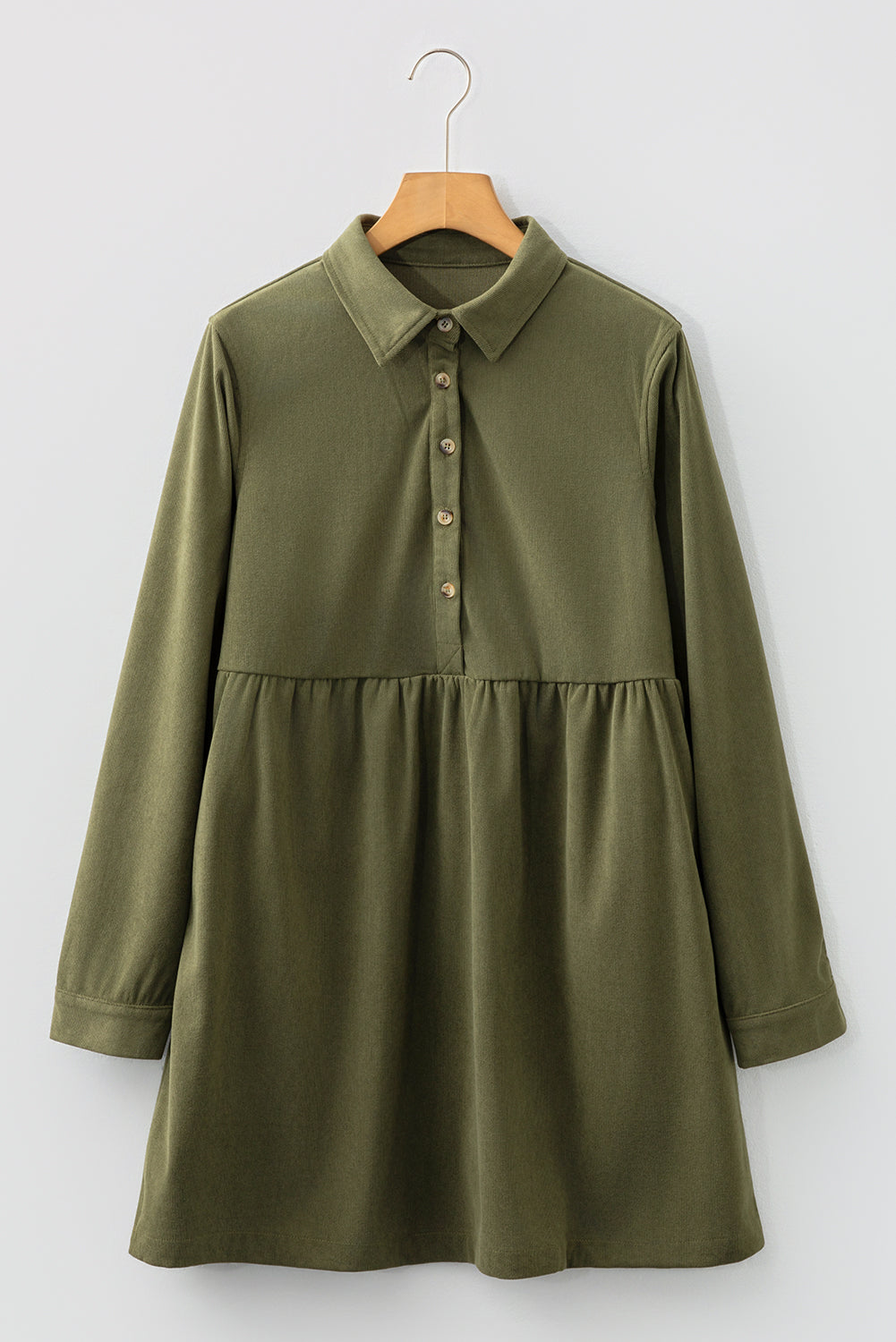 Vineyard Green Corduroy Half Button Collared Long Sleeve Mini Dress-Dresses/Mini Dresses-[Adult]-[Female]-2022 Online Blue Zone Planet