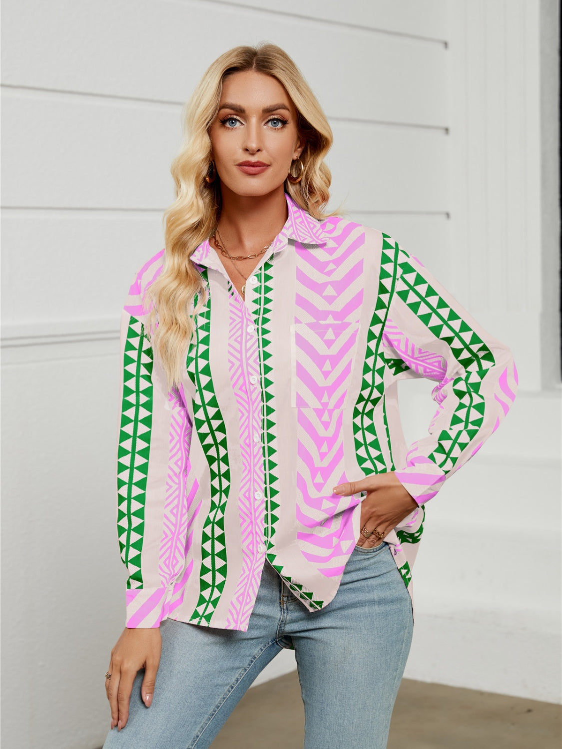 Geometric Collared Neck Long Sleeve Shirt-TOPS / DRESSES-[Adult]-[Female]-Fuchsia Pink-S-2022 Online Blue Zone Planet