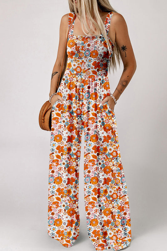 Orange Floral Print Sleeveless Smocked Shift Jumpsuit-Bottoms/Jumpsuits & Rompers-[Adult]-[Female]-Orange-XS-2022 Online Blue Zone Planet