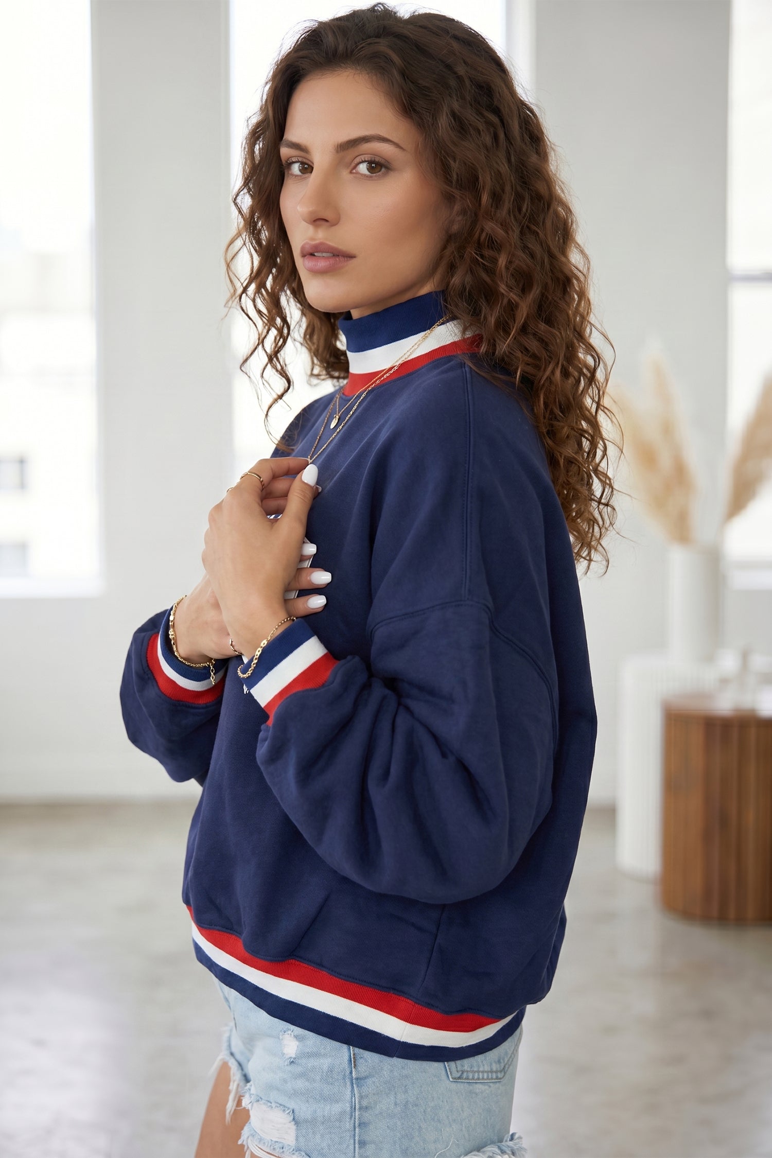 Dirty blue USA Slogan Patch Embroidery Colorblock High Neck Long Sleeve Sweatshirt-Tops/Sweatshirts & Hoodies-[Adult]-[Female]-2022 Online Blue Zone Planet
