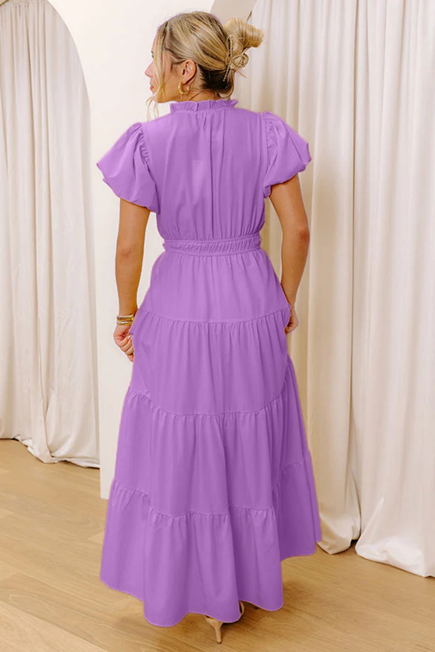 Clearly Aqua Solid Color V Neck Short Puff Sleeve High Waist Tiered Maxi Dress-TOPS / DRESSES-[Adult]-[Female]-2022 Online Blue Zone Planet