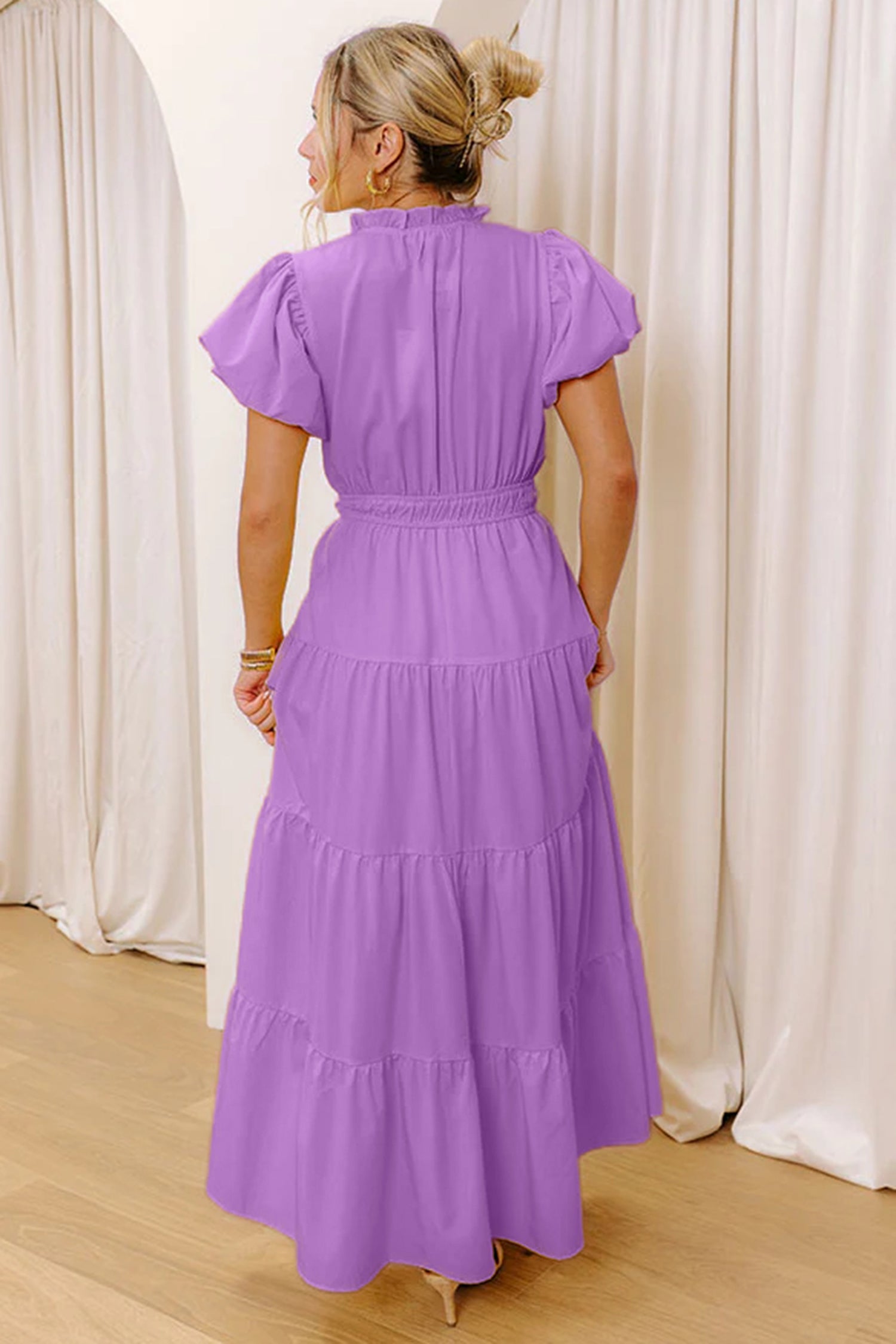 Clearly Aqua Solid Color V Neck Short Puff Sleeve High Waist Tiered Maxi Dress-TOPS / DRESSES-[Adult]-[Female]-2022 Online Blue Zone Planet