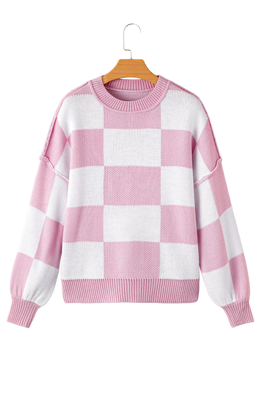 Blue Zone Planet | Pink Checked Bishop Sleeve Pullover Sweater-Sweaters-[Adult]-[Female]-2022 Online Blue Zone Planet