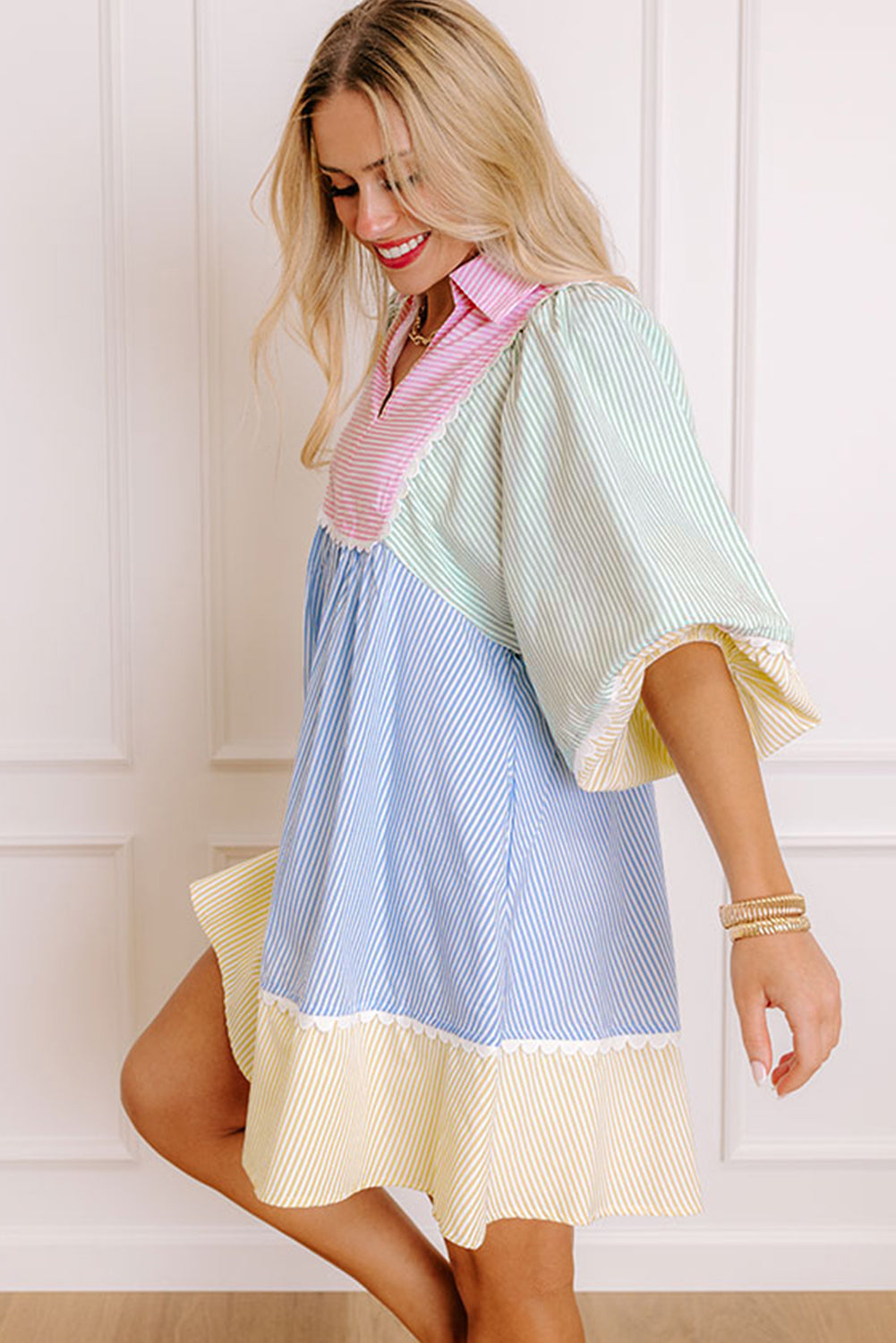 Multicolour Striped Patchwork Ric Rac Puff Sleeve Collared Mini Dress-TOPS / DRESSES-[Adult]-[Female]-2022 Online Blue Zone Planet