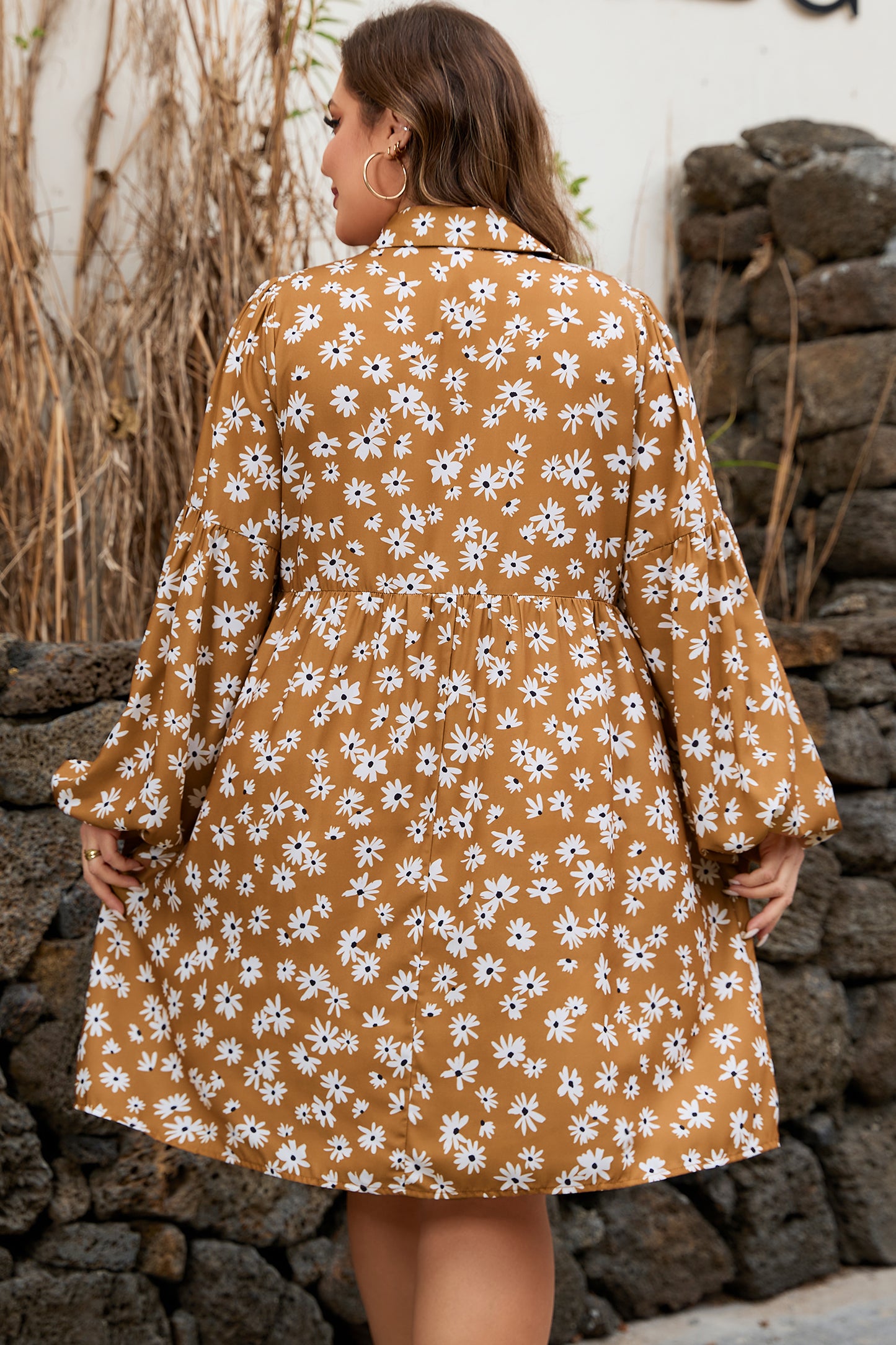 Khaki Plus Size Daisy Floral Print Button Split Neck Puff Sleeve Dress-TOPS / DRESSES-[Adult]-[Female]-2022 Online Blue Zone Planet