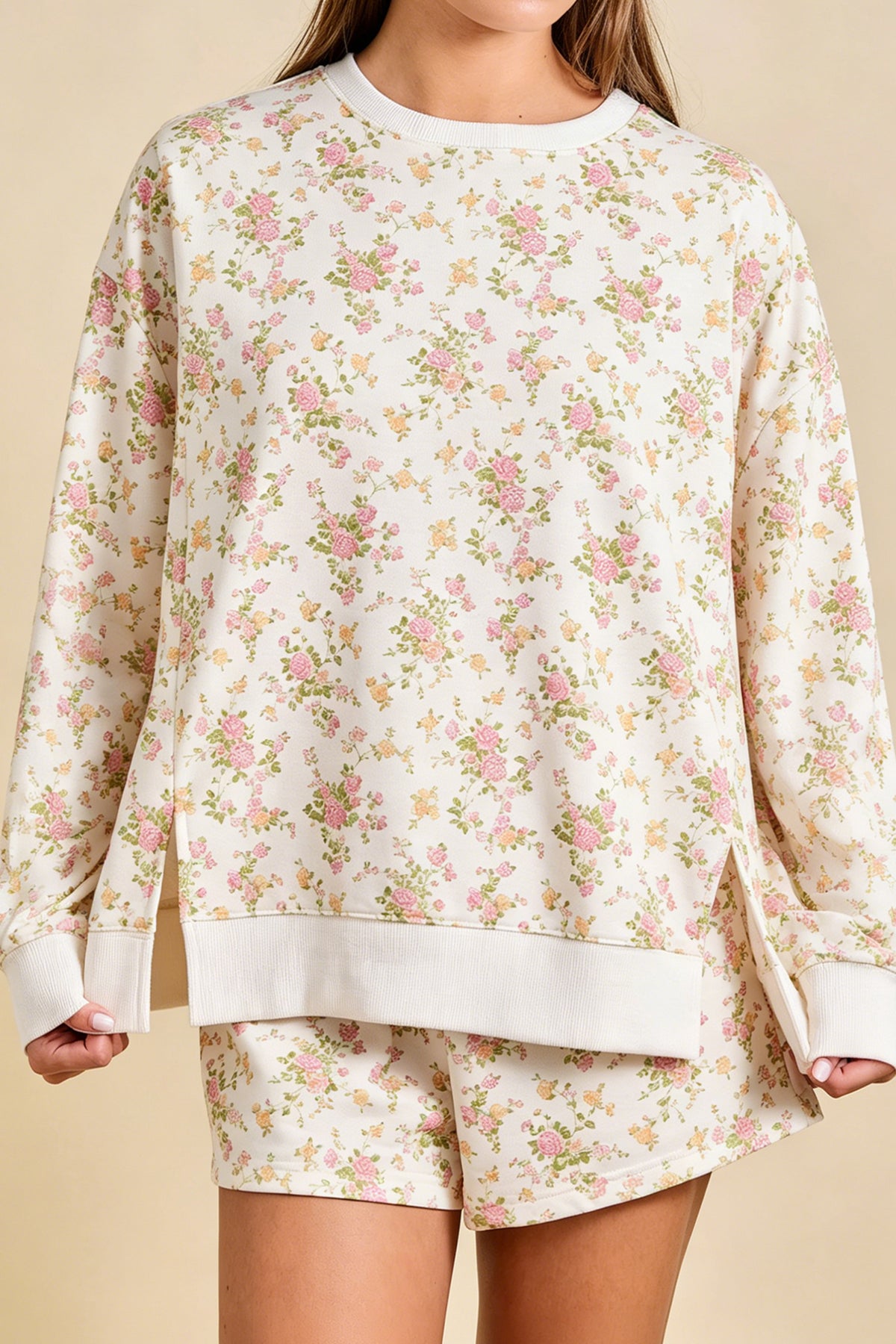 Beige Floral Print Long Sleeve Shift Top Pocketed Shorts 2pcs Set-Two Piece Sets/Short Sets-[Adult]-[Female]-2022 Online Blue Zone Planet