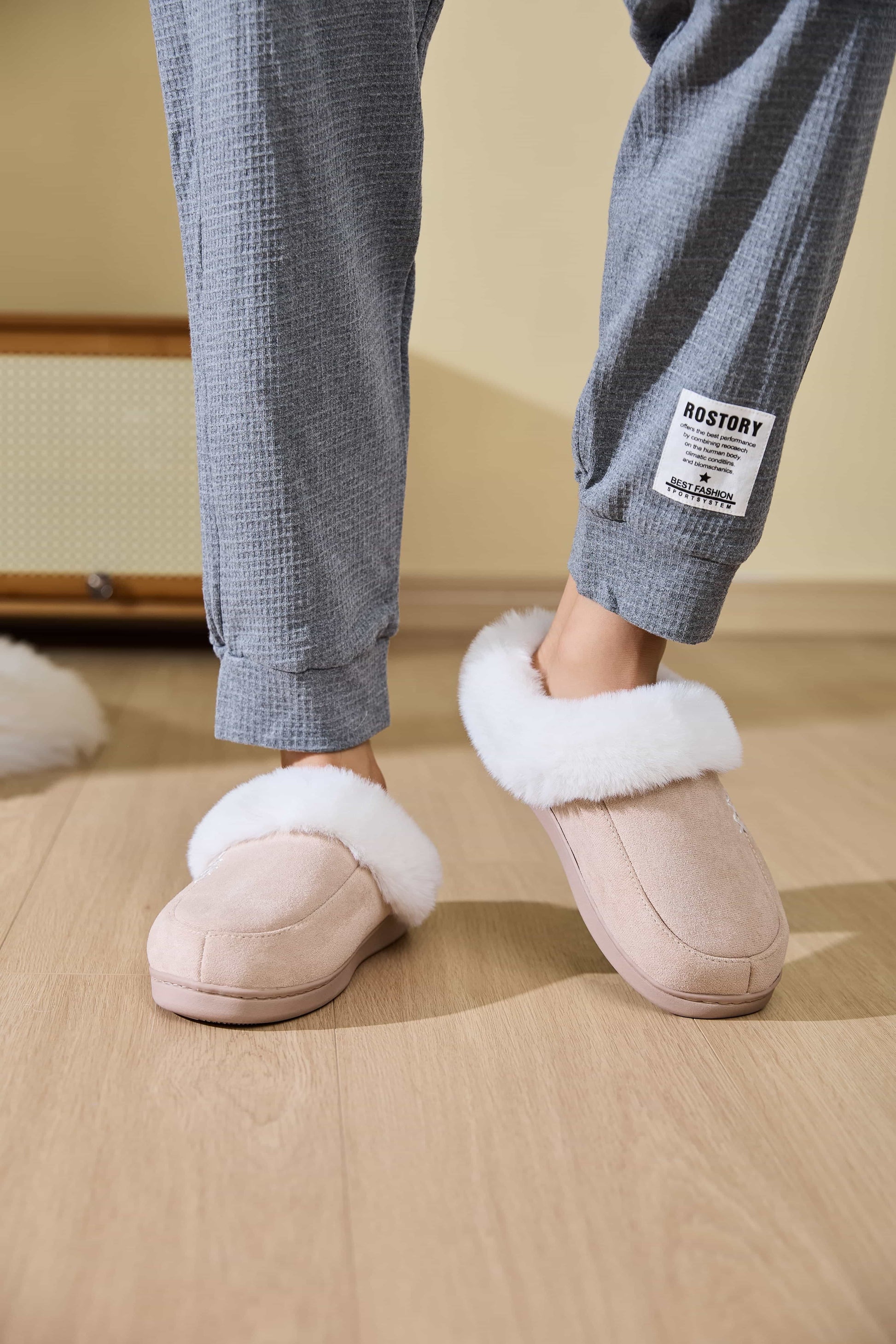 Fluff Trim Round Toe Flat Slippers-SLIPPERS-[Adult]-[Female]-Dust Storm-36-37(US5-6)-2022 Online Blue Zone Planet