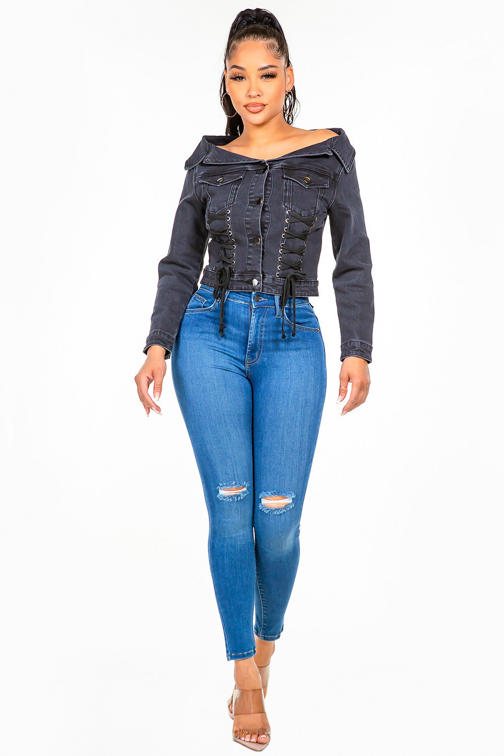 American Bazi Off Shoulder Lace Up Denim Jacket-TOPS / DRESSES-[Adult]-[Female]-2022 Online Blue Zone Planet