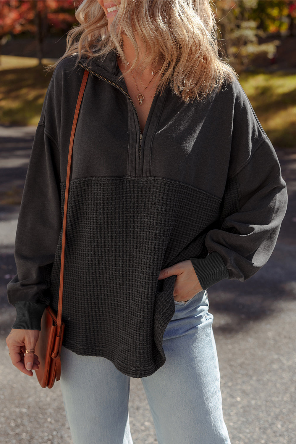 Carbon Grey Waffle Knit Patchwork Half Zipped Casual Sweatshirt-Tops/Sweatshirts & Hoodies-[Adult]-[Female]-Carbon Grey-S-2022 Online Blue Zone Planet