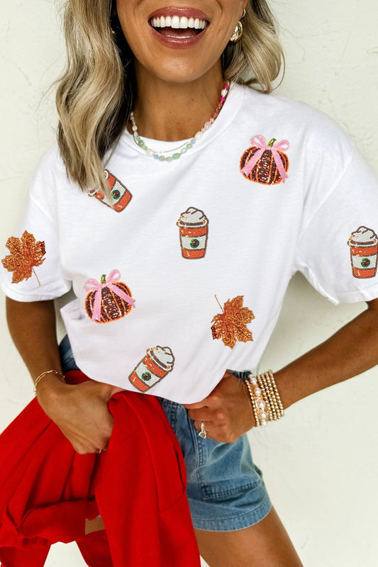 White Sequined Pumpkin Fall Graphic Casual Shift T Shirt-Graphic/Graphic Tees-[Adult]-[Female]-White-S-2022 Online Blue Zone Planet