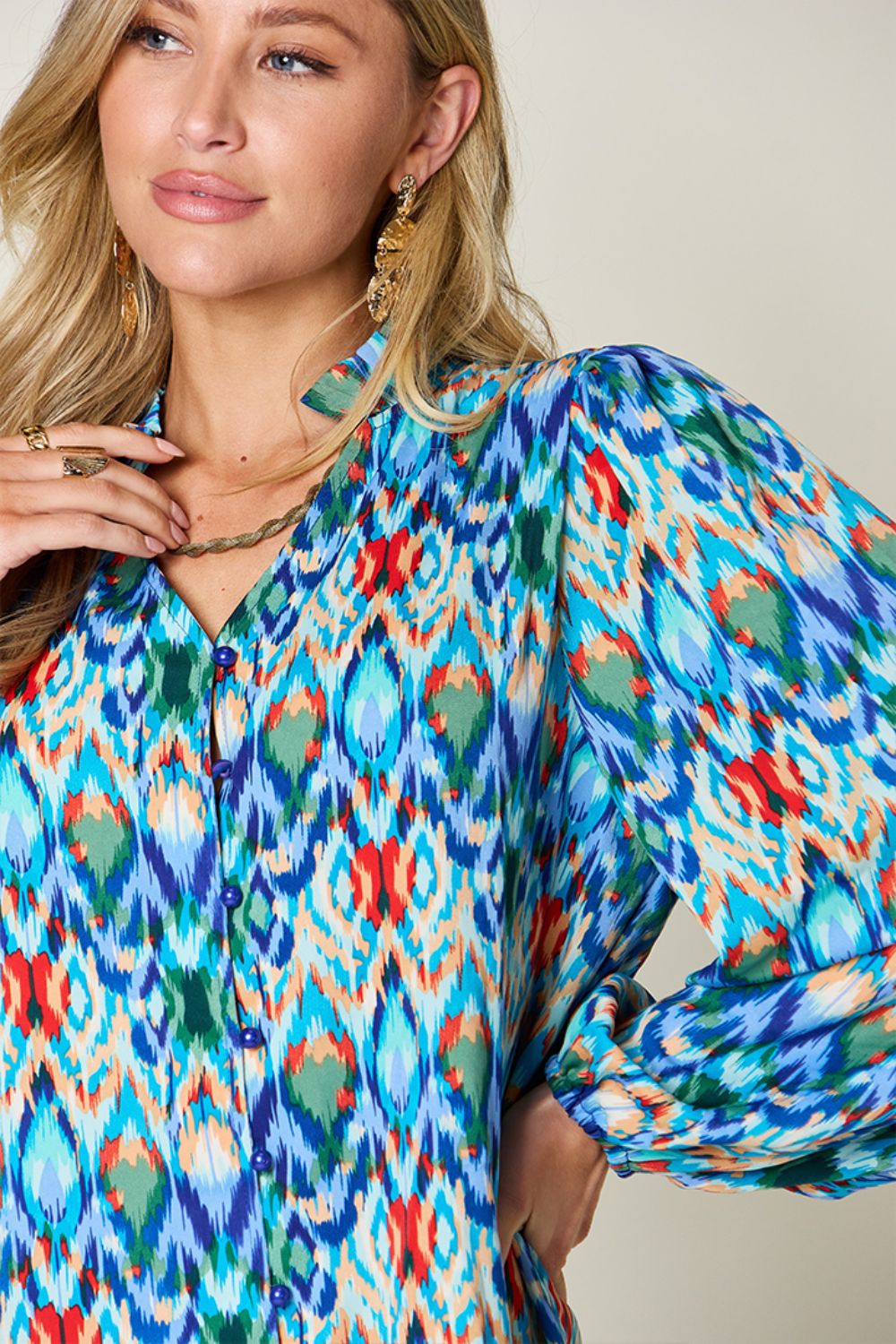 Blue Zone Planet | Double Take Full Size Printed Balloon Sleeve Blouse-TOPS / DRESSES-[Adult]-[Female]-2022 Online Blue Zone Planet