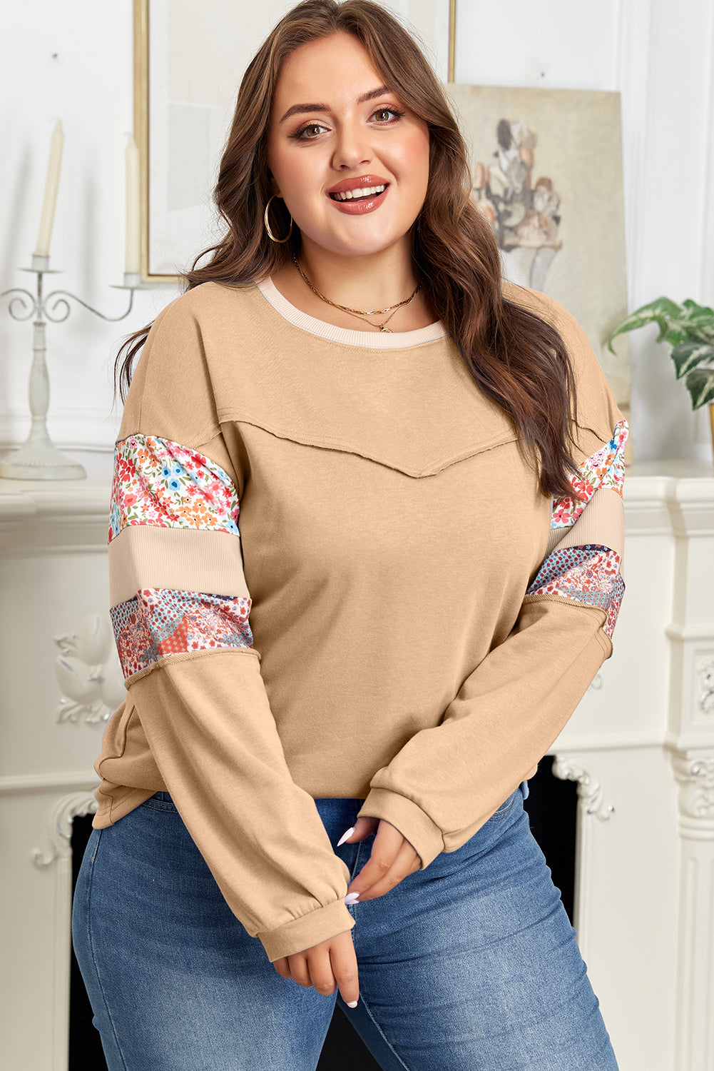 Khaki Exposed Seam Floral Mixed Patchwork Relaxed Plus Size Top-Plus Size/Plus Size Sweatshirts & Hoodies-[Adult]-[Female]-2022 Online Blue Zone Planet