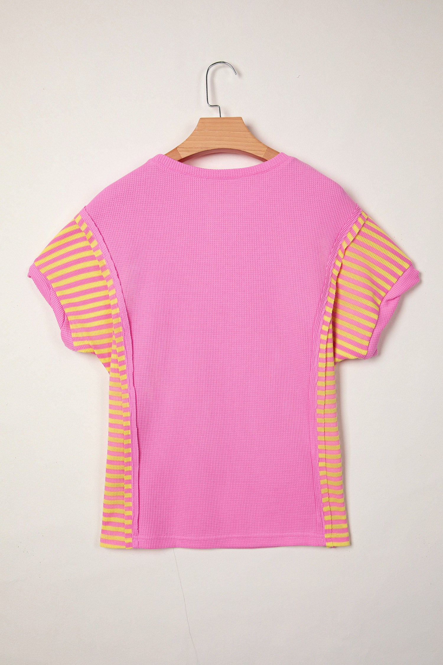 Bright Pink Waffle Textured Contrast Striped Patchwork Loose T Shirt-Tops/Tops & Tees-[Adult]-[Female]-2022 Online Blue Zone Planet