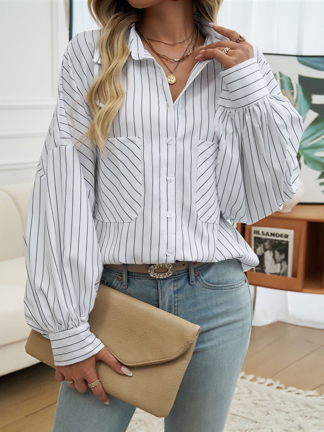 Blue Zone Planet | Striped Collared Neck Long Sleeve Shirt-TOPS / DRESSES-[Adult]-[Female]-2022 Online Blue Zone Planet