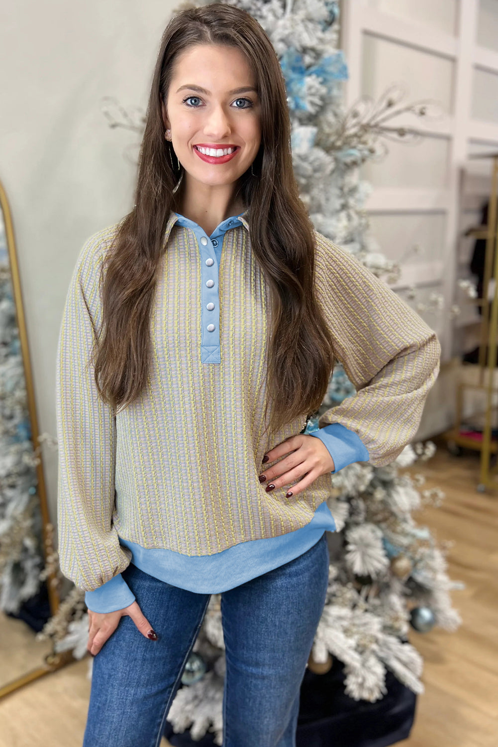 Beau Blue Button Front Jacquard Henley Sweatshirt-Tops/Sweatshirts & Hoodies-[Adult]-[Female]-2022 Online Blue Zone Planet