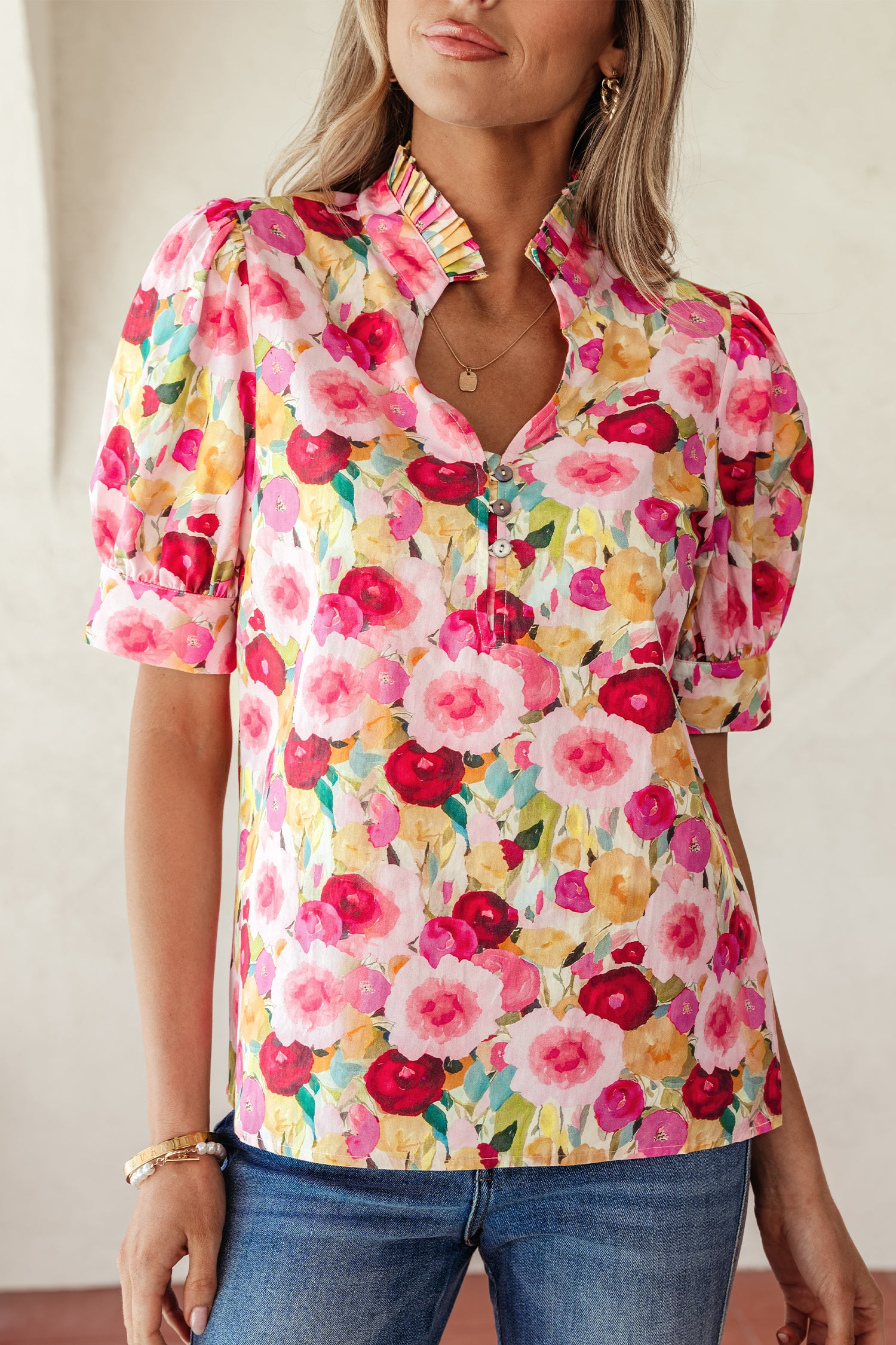 Pink Floral Frilled V Neck Puff Short Sleeve Blouse-Tops/Blouses & Shirts-[Adult]-[Female]-2022 Online Blue Zone Planet