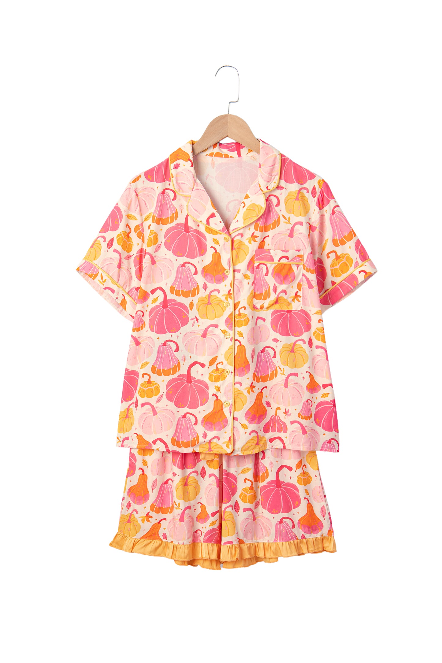 Pink Short Sleeve Pumpkin Print Pocket Placket Shell Button Lounge Set-Loungewear & Sleepwear/Loungewear-[Adult]-[Female]-2022 Online Blue Zone Planet