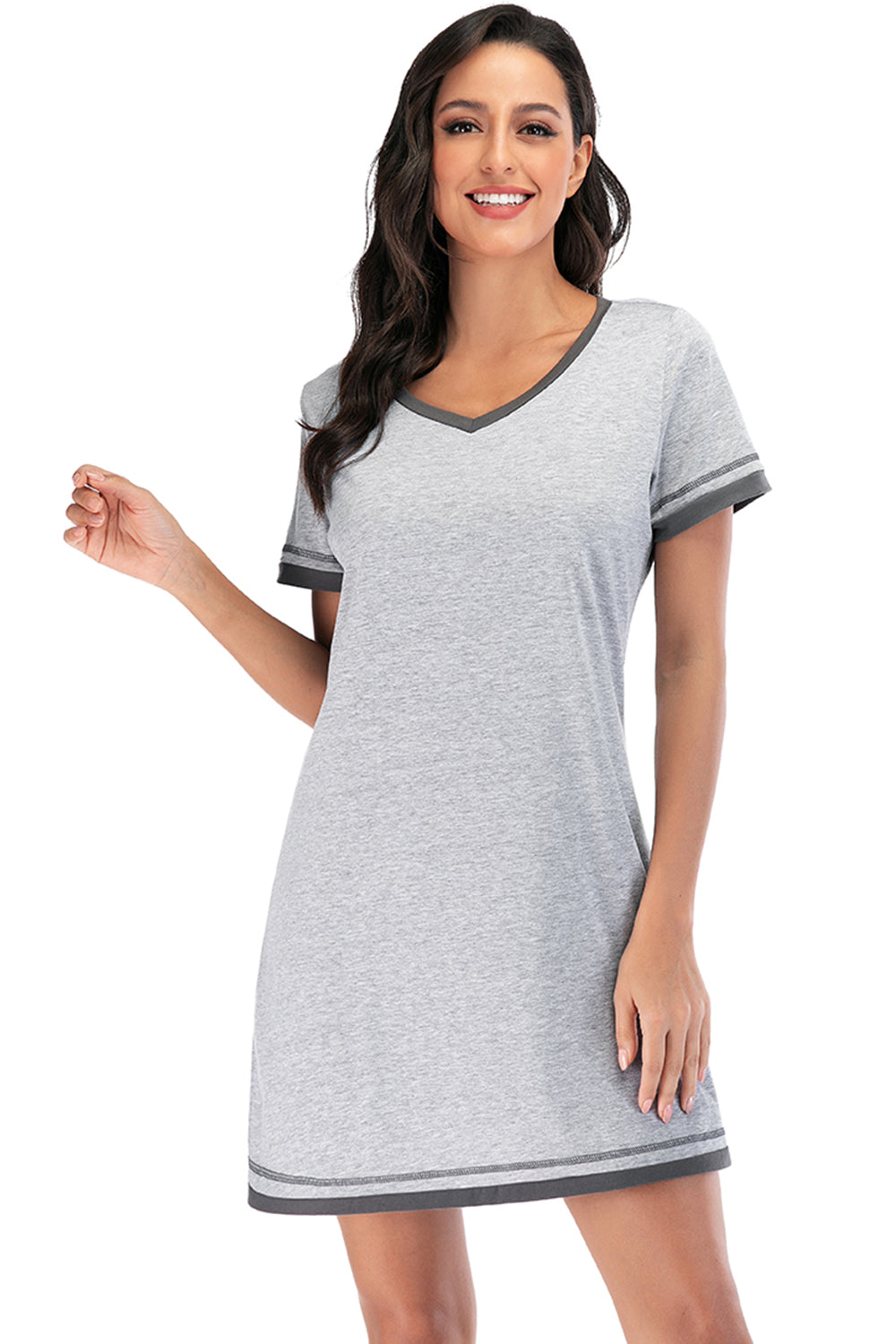 Blue Zone Planet | Contrast Trim Short Sleeve Lounge Dress-TOPS / DRESSES-[Adult]-[Female]-2022 Online Blue Zone Planet