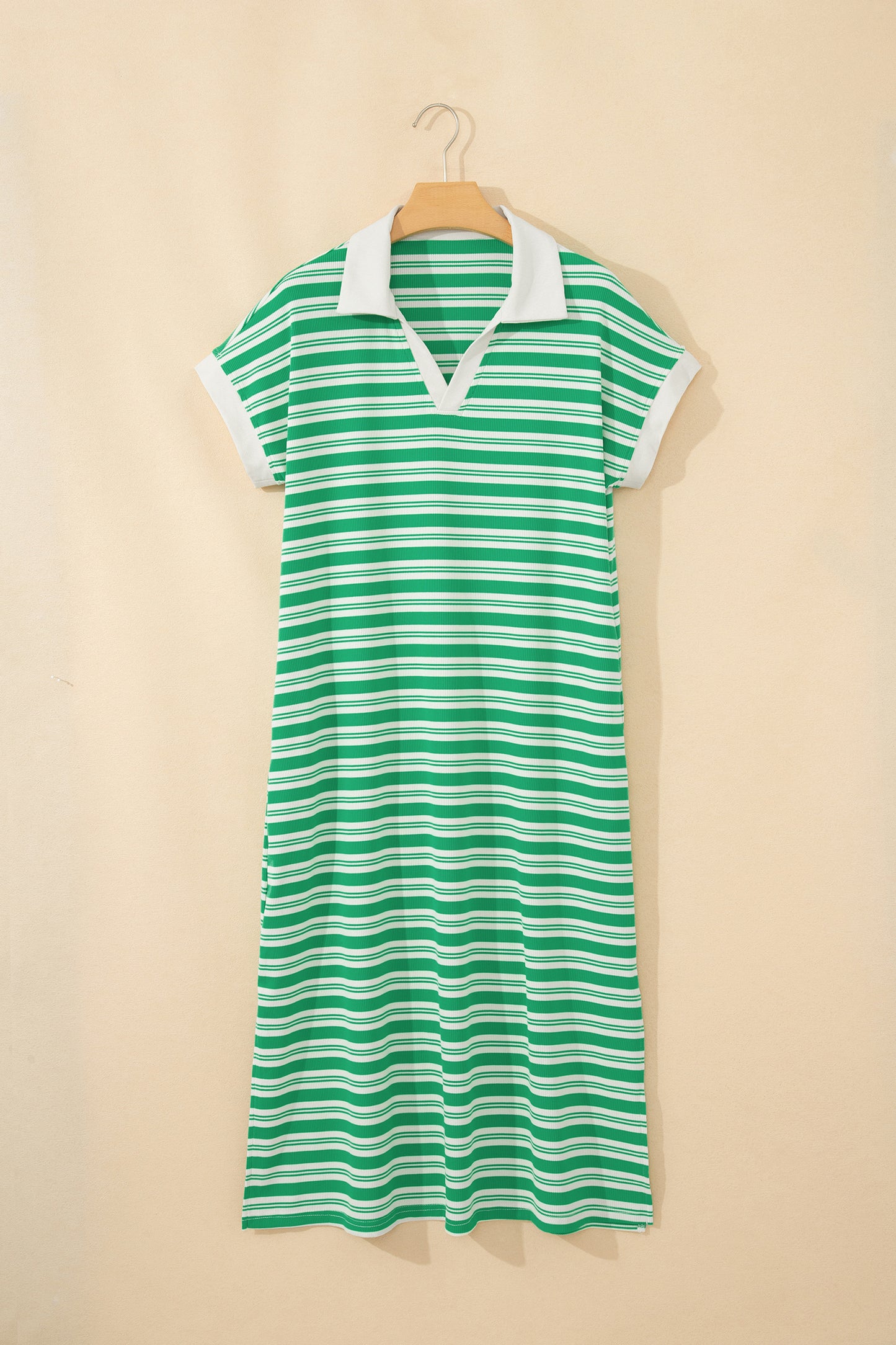 Green Stripe Collared V Neck Short Sleeve T Shirt Midi Dress with Pockets-TOPS / DRESSES-[Adult]-[Female]-2022 Online Blue Zone Planet
