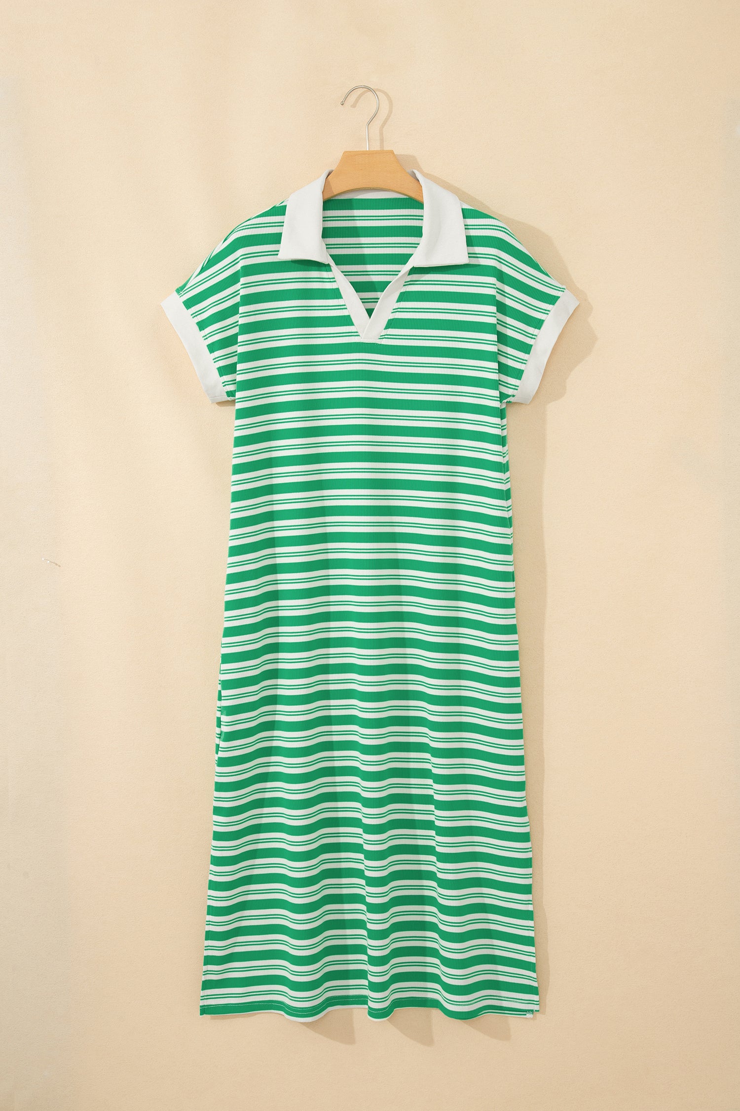 Green Stripe Collared V Neck Short Sleeve T Shirt Midi Dress with Pockets-TOPS / DRESSES-[Adult]-[Female]-2022 Online Blue Zone Planet