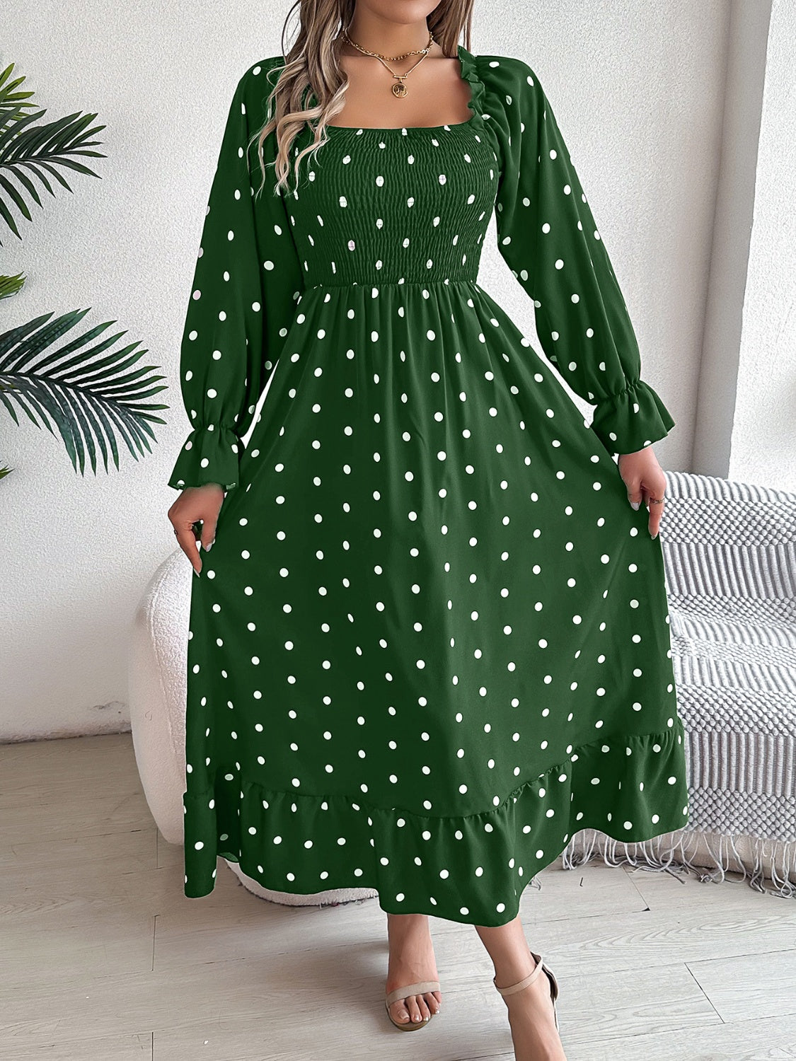 Polka Dot Flounce Sleeve Midi Dress-TOPS / DRESSES-[Adult]-[Female]-2022 Online Blue Zone Planet