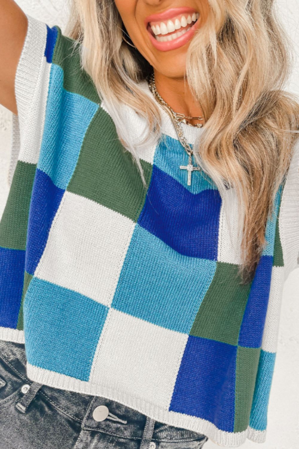 Blue Zone Planet | Contrast Plaid Round Neck Cap Sleeve Sweater-TOPS / DRESSES-[Adult]-[Female]-2022 Online Blue Zone Planet