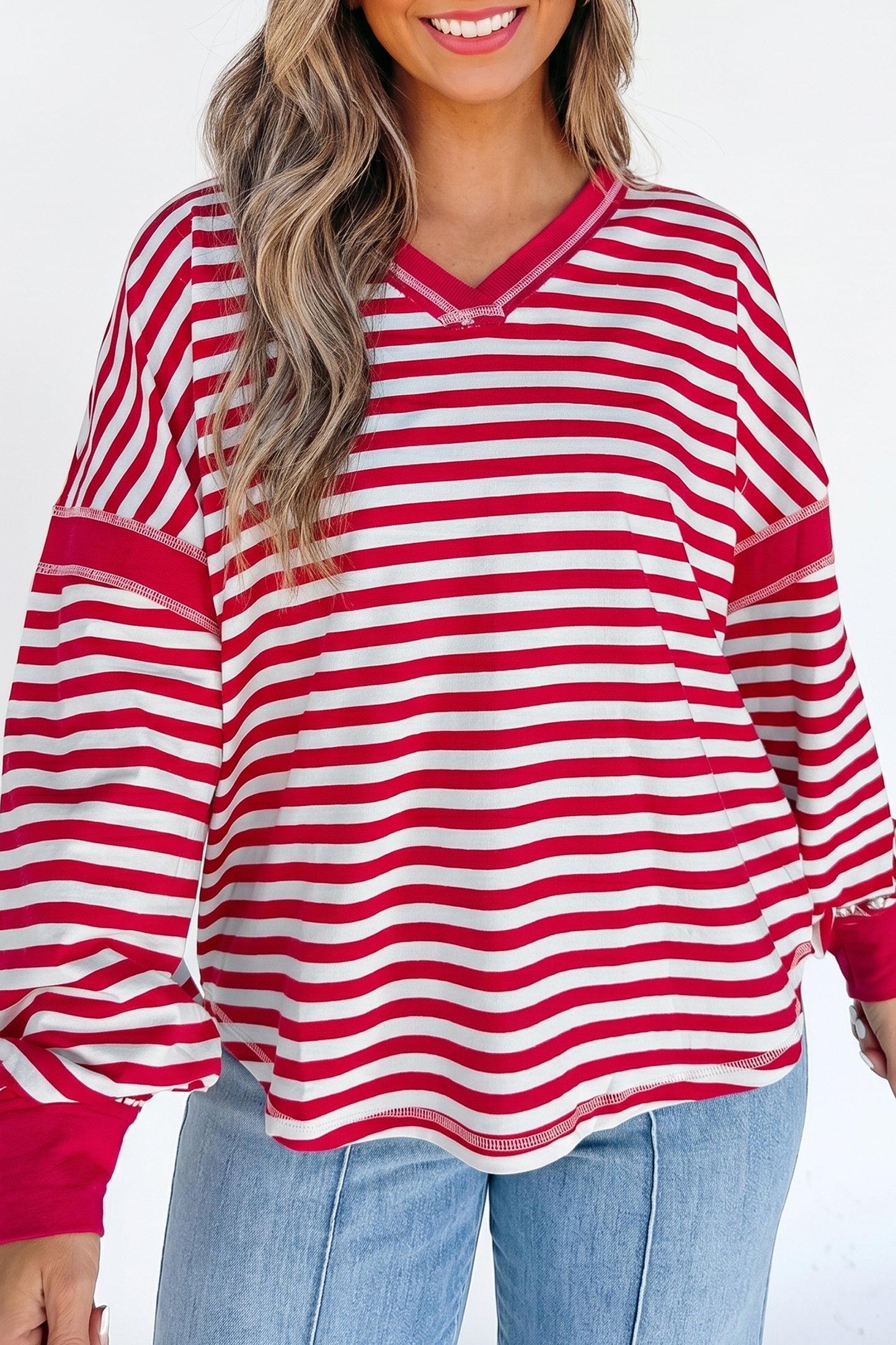 Red Stripe Exposed Seam V Neck Balloon Sleeve Pullover-Tops/Long Sleeve Tops-[Adult]-[Female]-2022 Online Blue Zone Planet