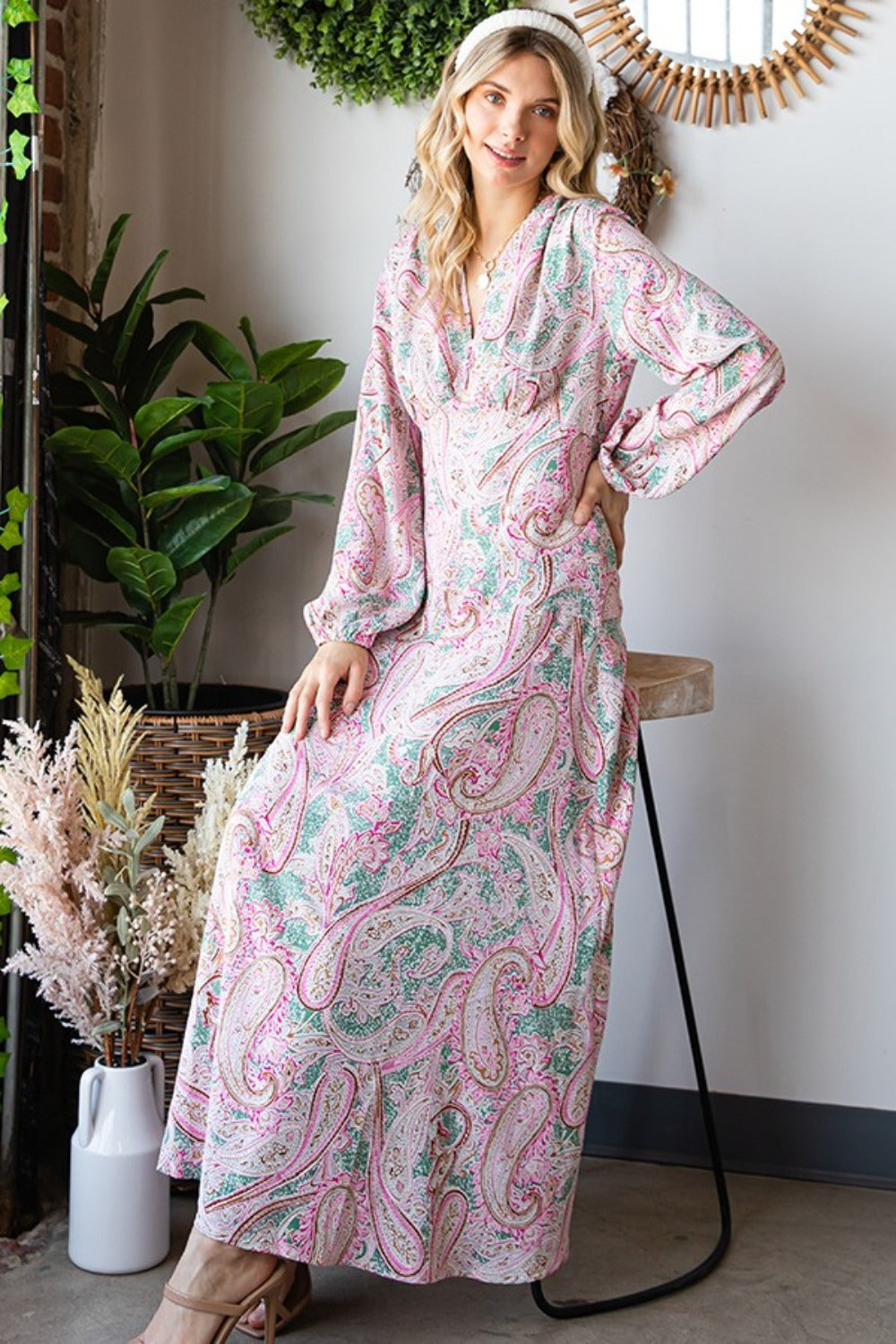 First Love Paisley Print Tie-Back Long Sleeve Maxi Dress-TOPS / DRESSES-[Adult]-[Female]-Multi-S-2022 Online Blue Zone Planet
