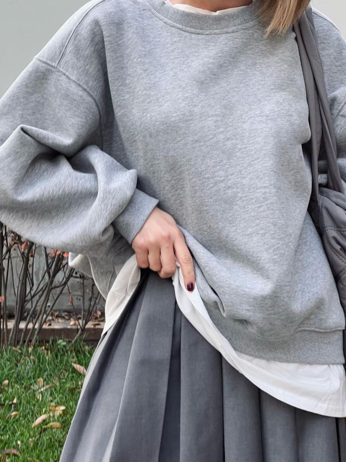 Round Neck Dropped Shoulder Long Sleeve Sweatshirt-TOPS / DRESSES-[Adult]-[Female]-Light Gray-M-2022 Online Blue Zone Planet