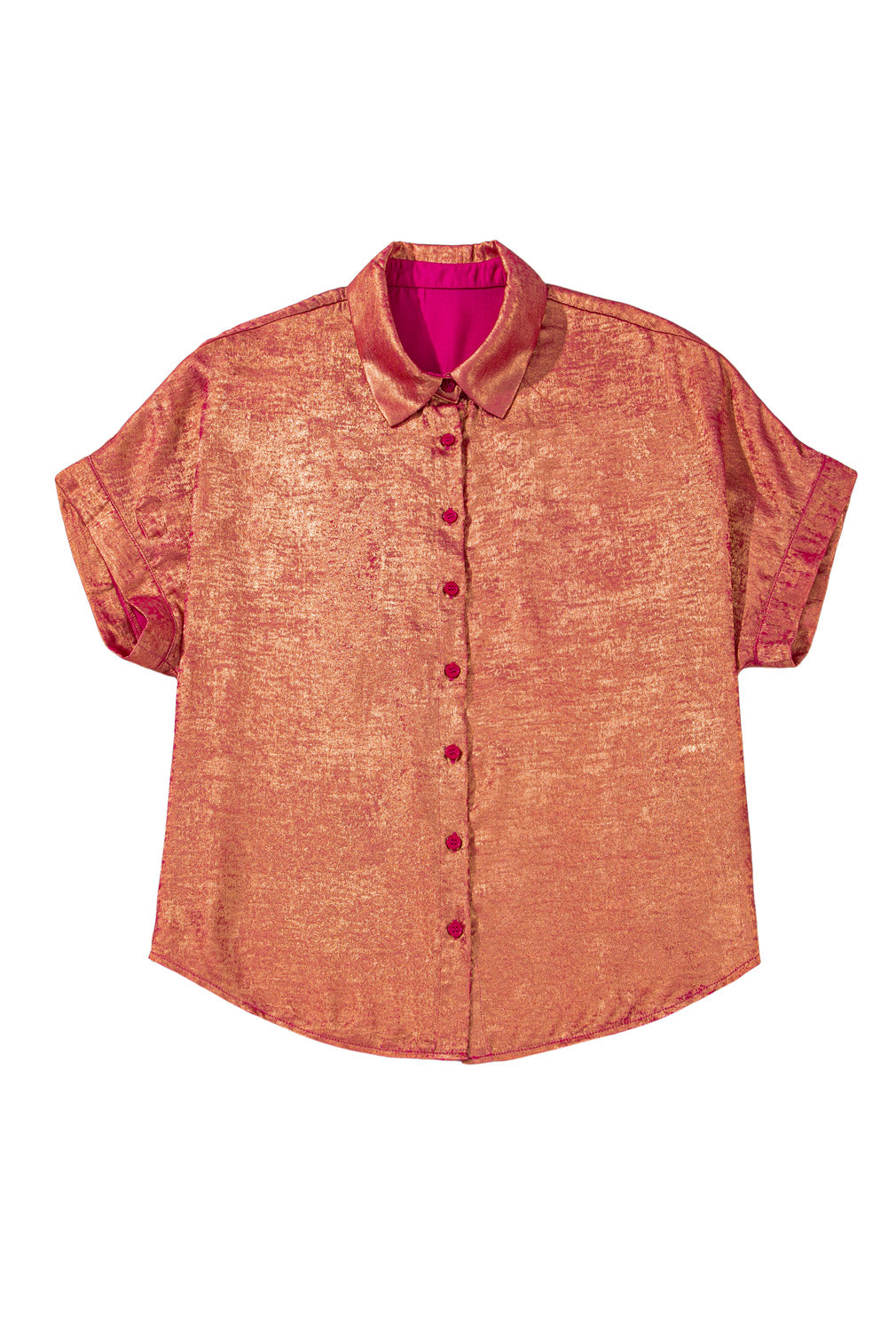Rose Red Plus Size Metallic Sheen Short Sleeve Button Up Shirt-Plus Size/Plus Size Tops/Plus Size Blouses & Shirts-[Adult]-[Female]-2022 Online Blue Zone Planet