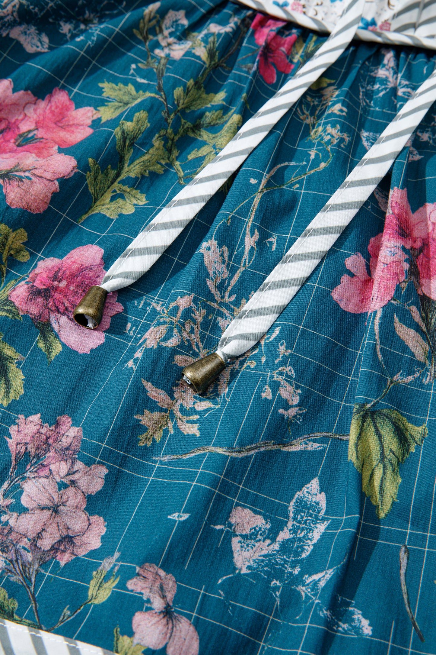 Sky Blue Floral Print Contrast Yoke Patchwork Striped Trim Long Puff Sleeve Blouse-Tops/Blouses & Shirts-[Adult]-[Female]-2022 Online Blue Zone Planet