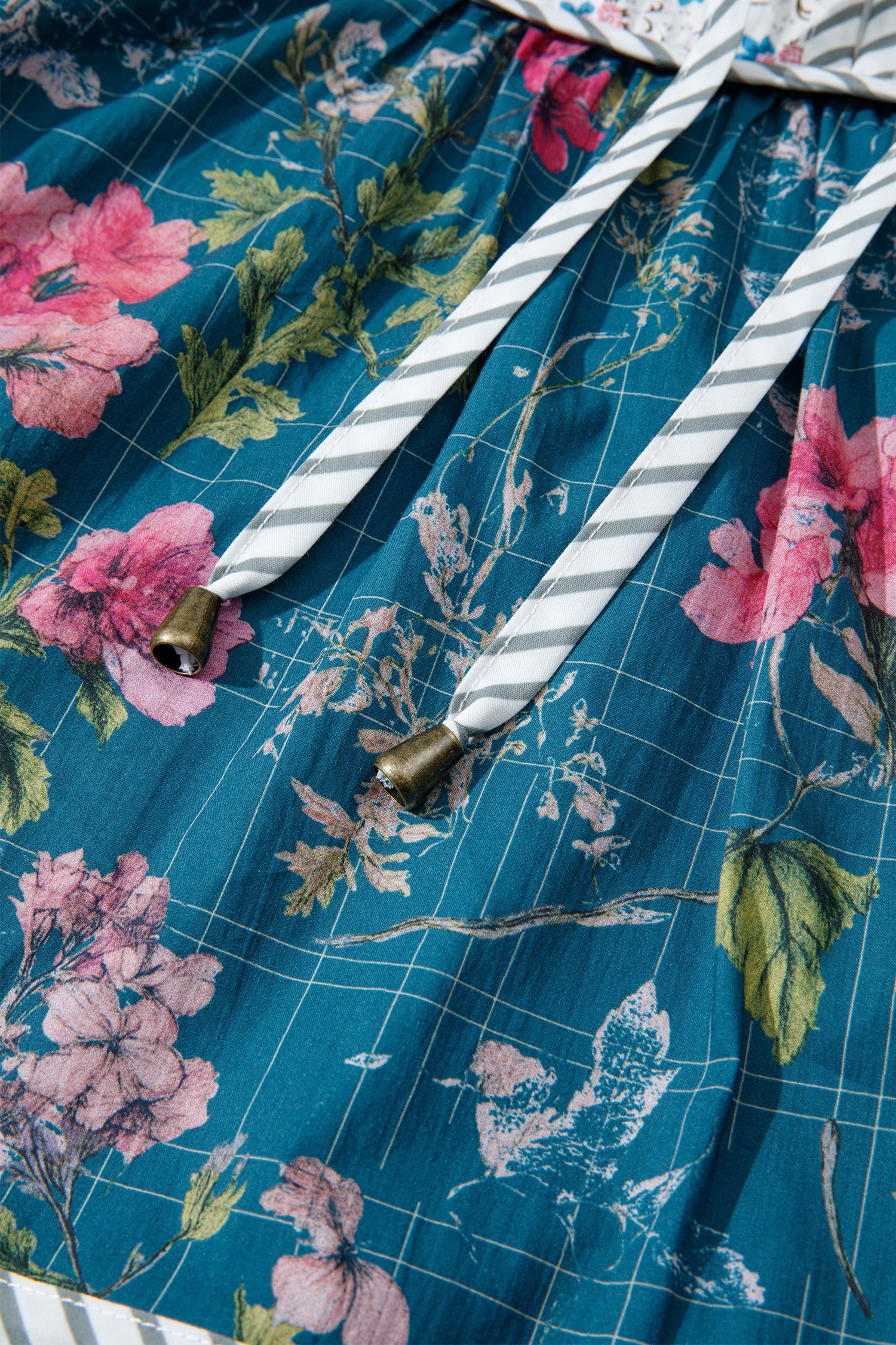 Sky Blue Floral Print Contrast Yoke Patchwork Striped Trim Long Puff Sleeve Blouse-Tops/Blouses & Shirts-[Adult]-[Female]-2022 Online Blue Zone Planet