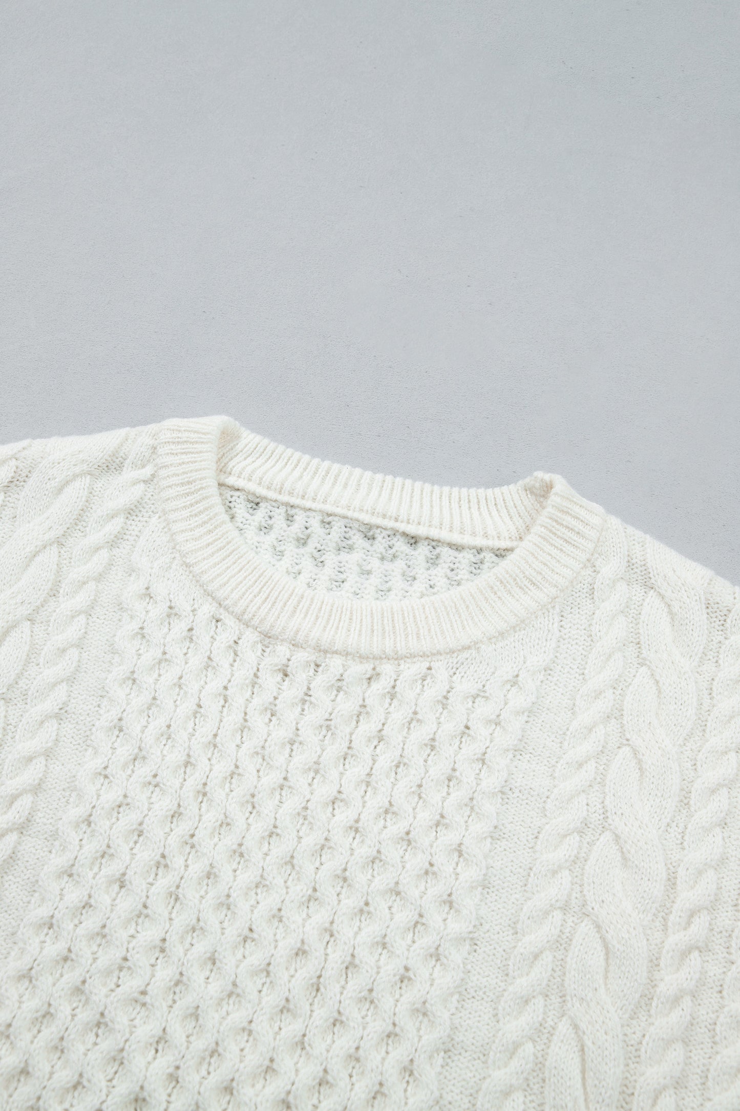 Beige Solid Color Cable Detail Knit Loose Round Neck Sweater-TOPS / DRESSES-[Adult]-[Female]-2022 Online Blue Zone Planet