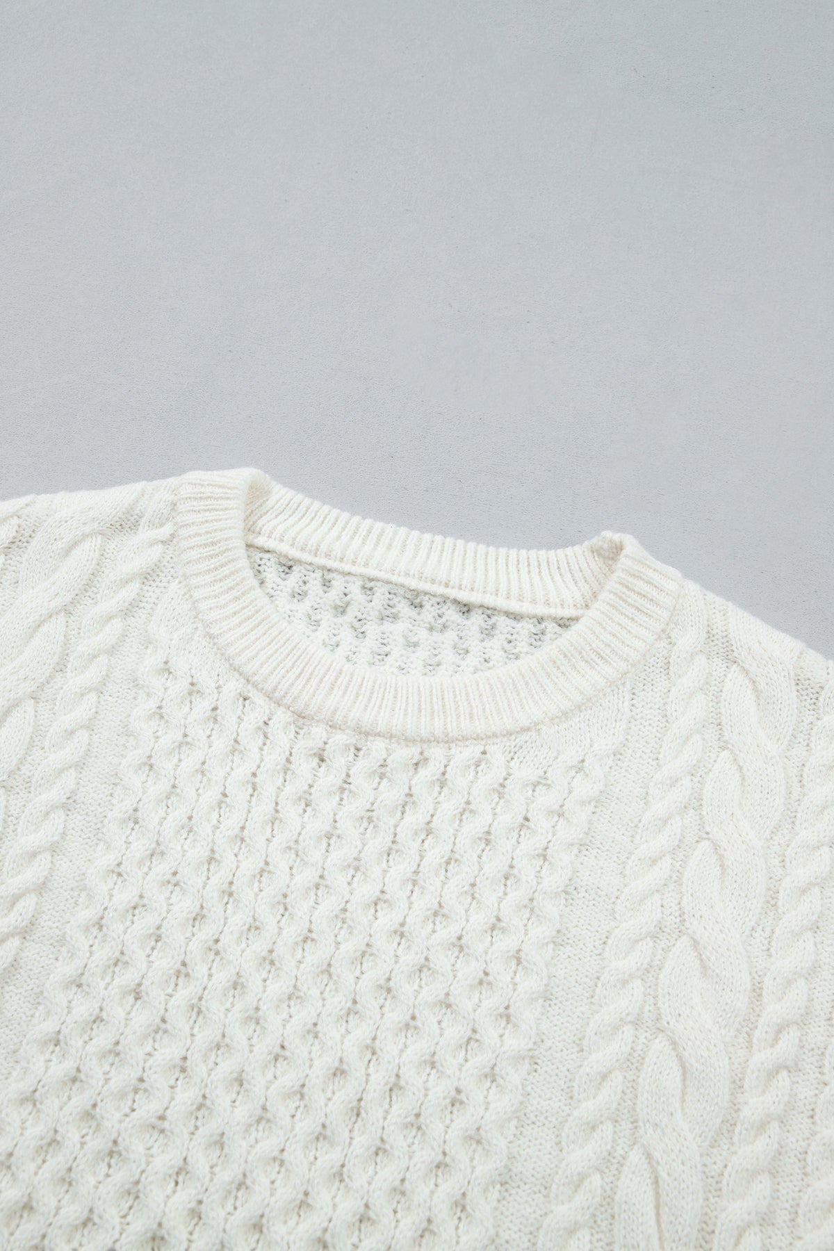 Beige Solid Color Cable Detail Knit Loose Round Neck Sweater-TOPS / DRESSES-[Adult]-[Female]-2022 Online Blue Zone Planet