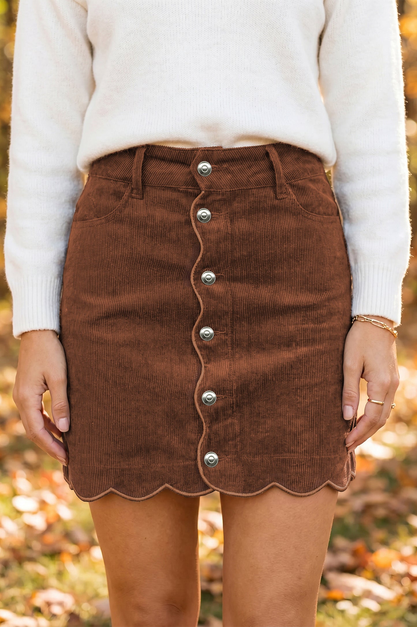 Coffee Button Front Corduroy Mini Pockets Sheath Silhouette Skirt