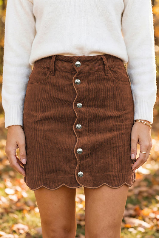 Coffee Button Front Corduroy Mini Pockets Sheath Silhouette Skirt-Bottoms/Skirts & Petticoat-[Adult]-[Female]-Coffee-S-2022 Online Blue Zone Planet