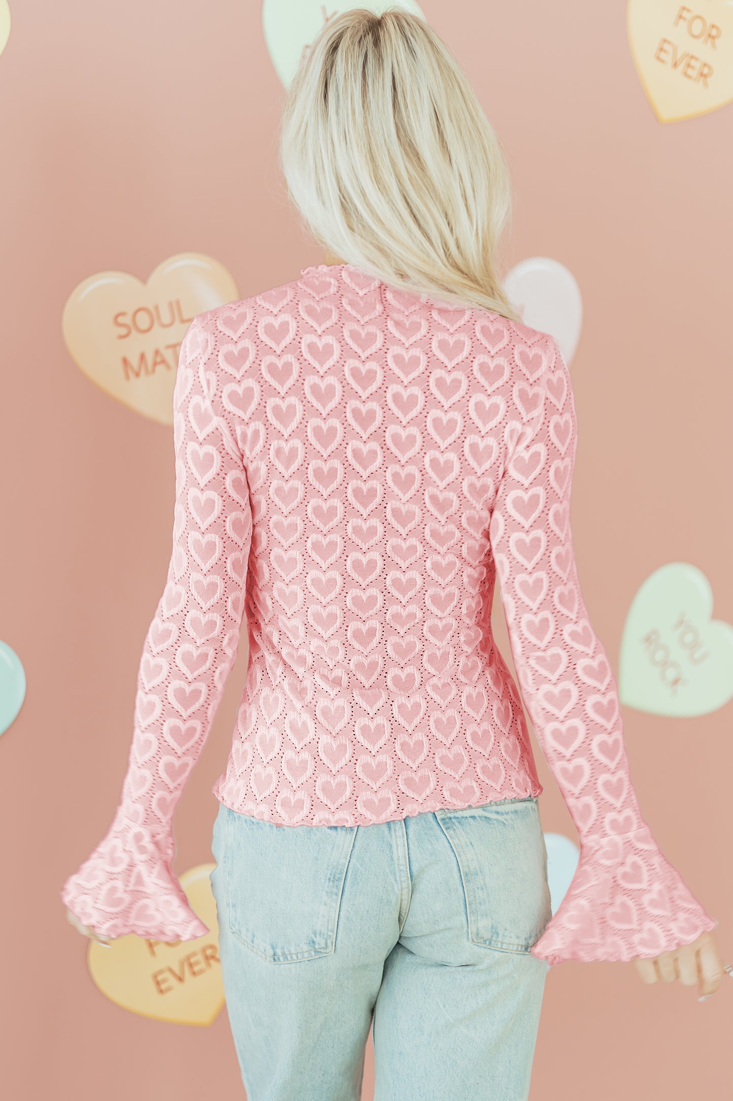 Gossamer Pink Heart Jacquard Flare Sleeve Mock Neck Fitted Top-Tops/Long Sleeve Tops-[Adult]-[Female]-2022 Online Blue Zone Planet