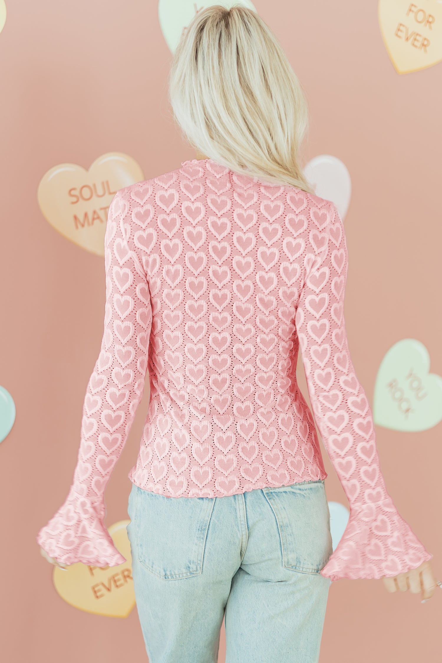 Gossamer Pink Heart Jacquard Flare Sleeve Mock Neck Fitted Top-Tops/Long Sleeve Tops-[Adult]-[Female]-2022 Online Blue Zone Planet
