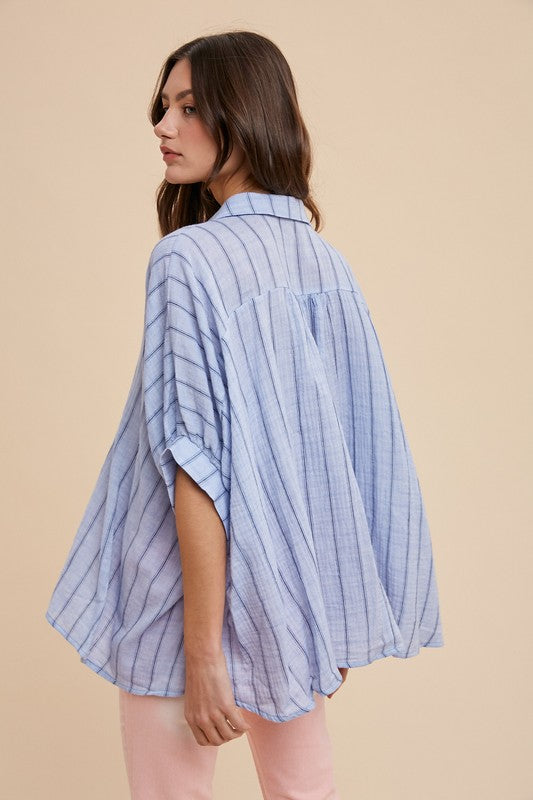 Annie Wear Striped Button Up Half Sleeve Shirt-TOPS / DRESSES-[Adult]-[Female]-2022 Online Blue Zone Planet